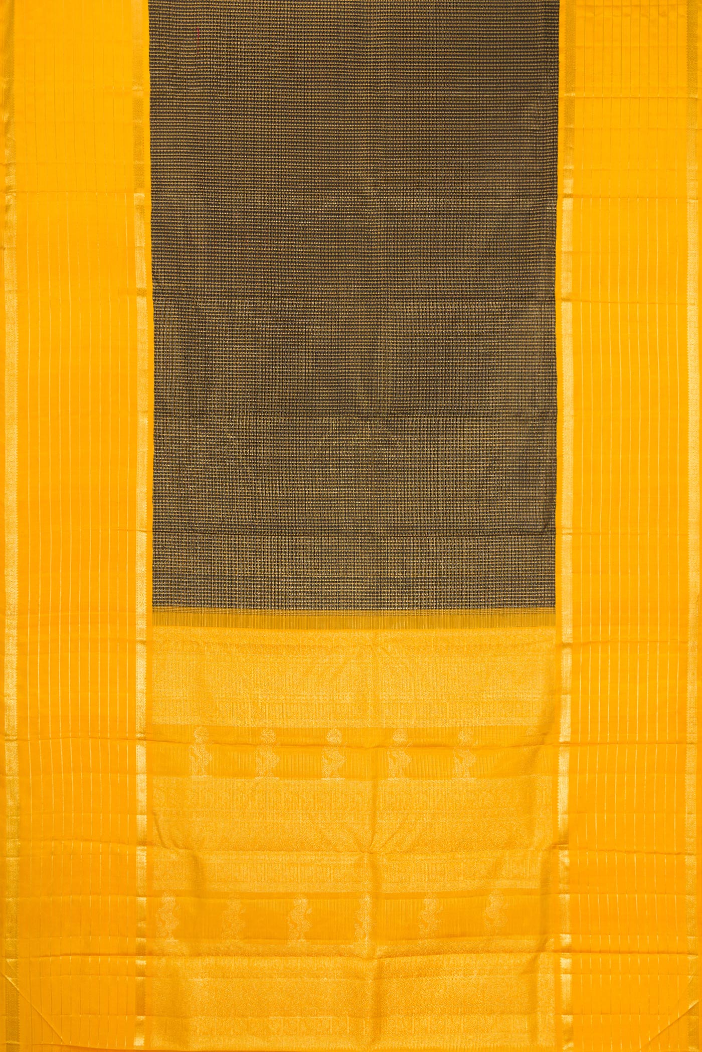 Flat view of Black Kanchipuram Silk Saree with Zari Brocade on the body and Zari Border. 