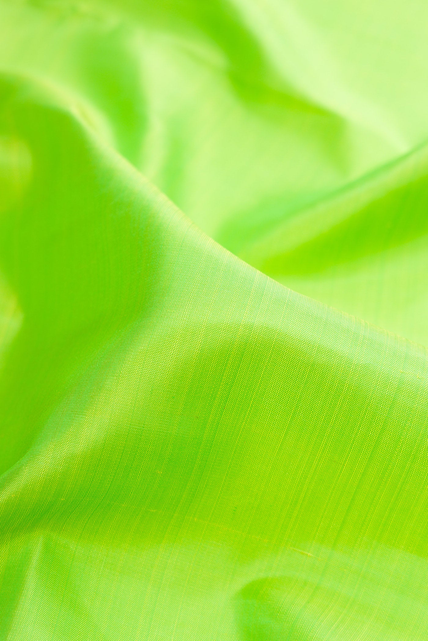 Close up of Pure Silk Pure Zari Parrot Green Kanchipuram Nine Yards Saree with Plain Body and Ganga Jamuna Border.  displaying folds