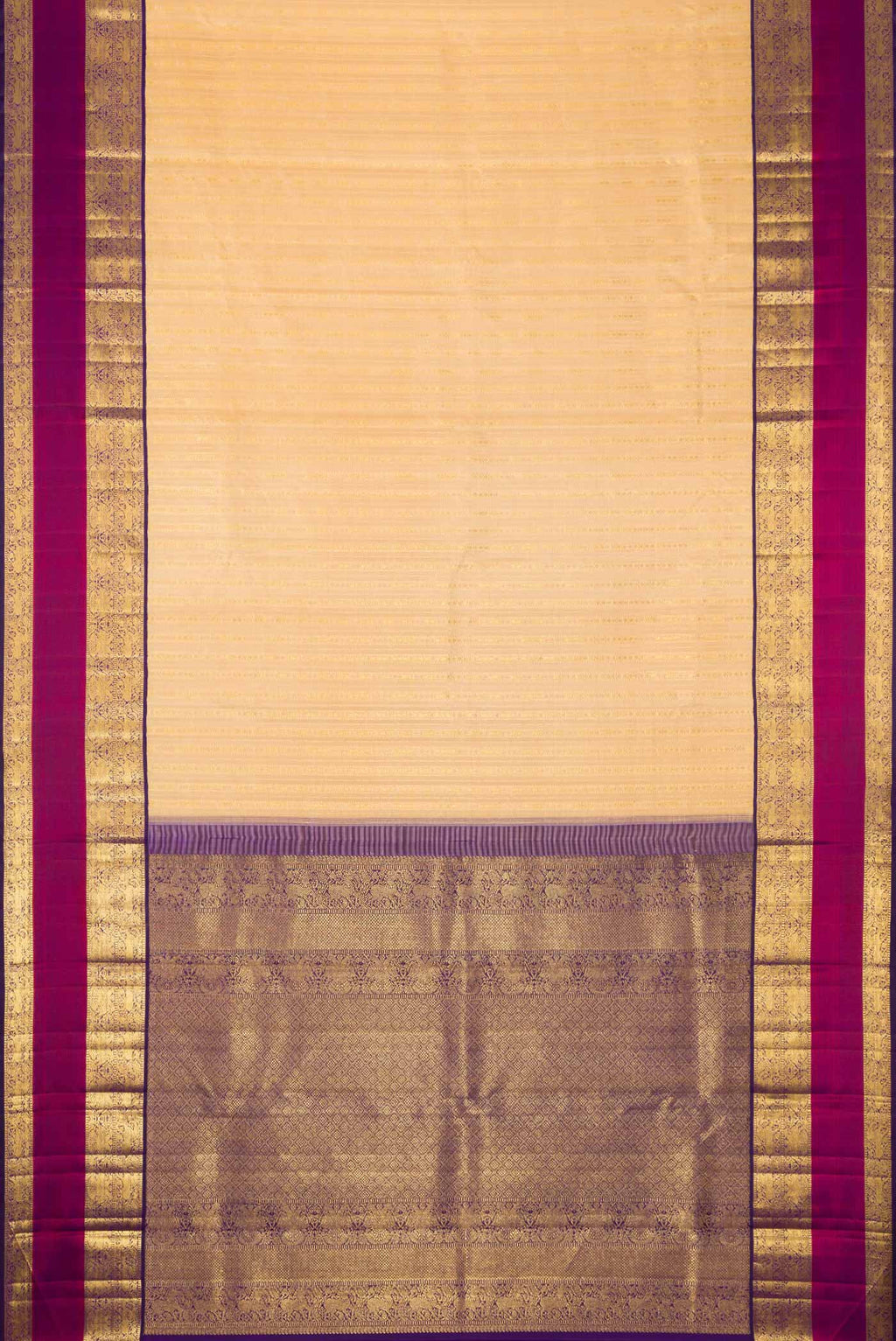 Flat view of Sandal Dual Tone Kanchipuram Silk Saree with Zari Brocade on the body and Zari And Thread Border. 
