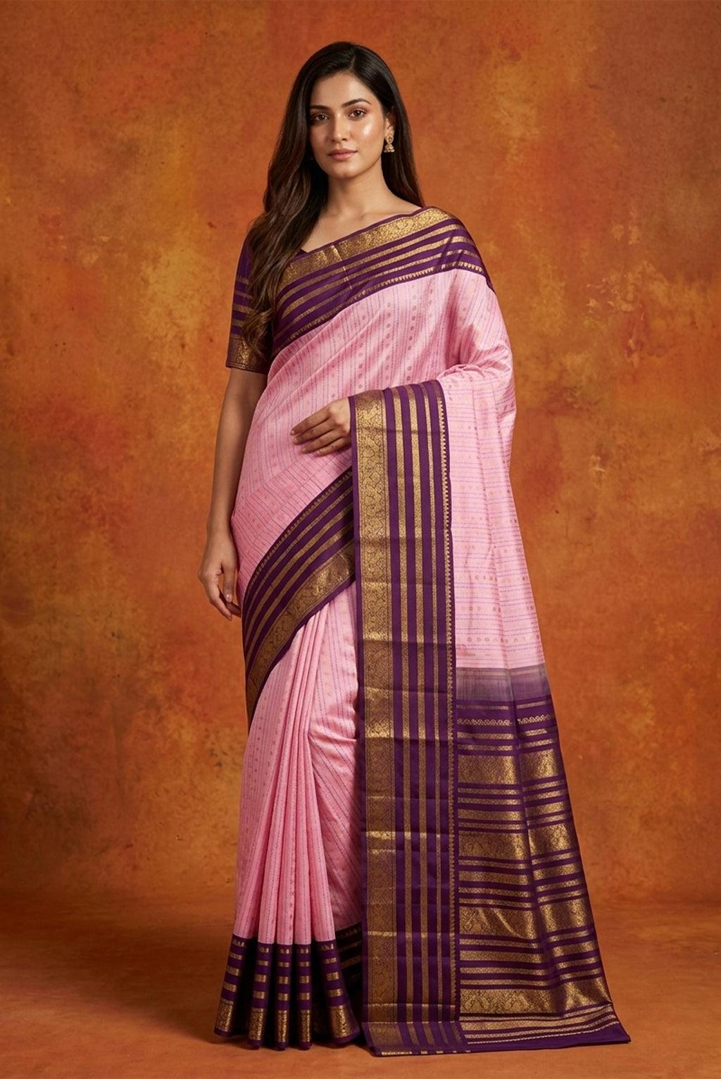 Model wearing a Pure Silk Pure Zari Rose pink Kanchipuram Saree with Stripes on the body and Zari Border.