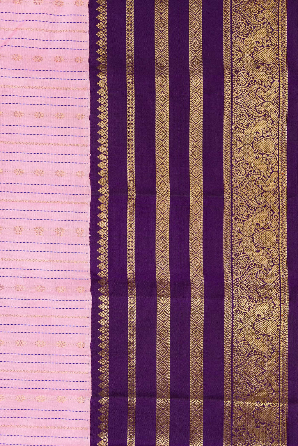Border image of Pure Silk Pure Zari Pink Dual Tone Kanchipuram Saree with Stripes on the body and Zari Border. 