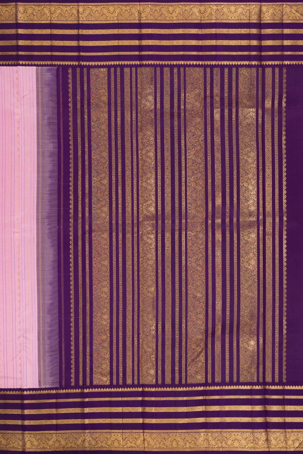 Close up image of the pallu of Pure Silk Pure Zari Pink Dual Tone Kanchipuram Saree with Stripes on the body and Zari Border. 