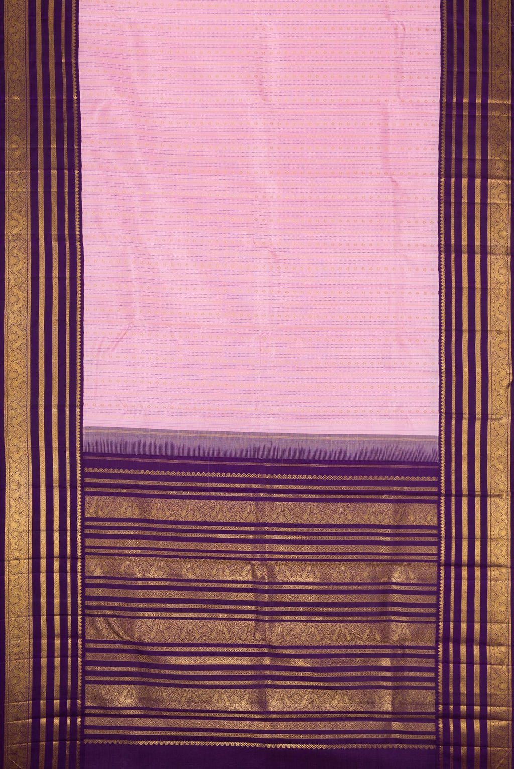Flat view of Pure Silk Pure Zari Pink Dual Tone Kanchipuram Saree with Stripes on the body and Zari Border. 