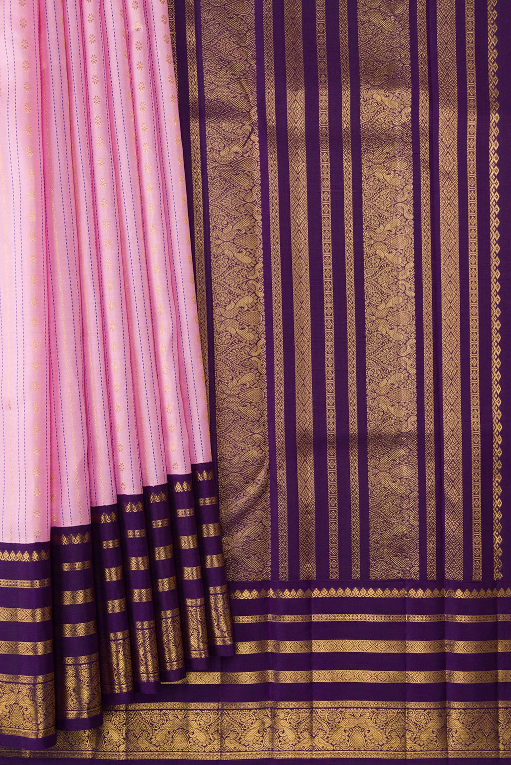 Pleats and pallu of Pure Silk Pure Zari Pink Dual Tone Kanchipuram Saree with Stripes on the body and Zari Border. 