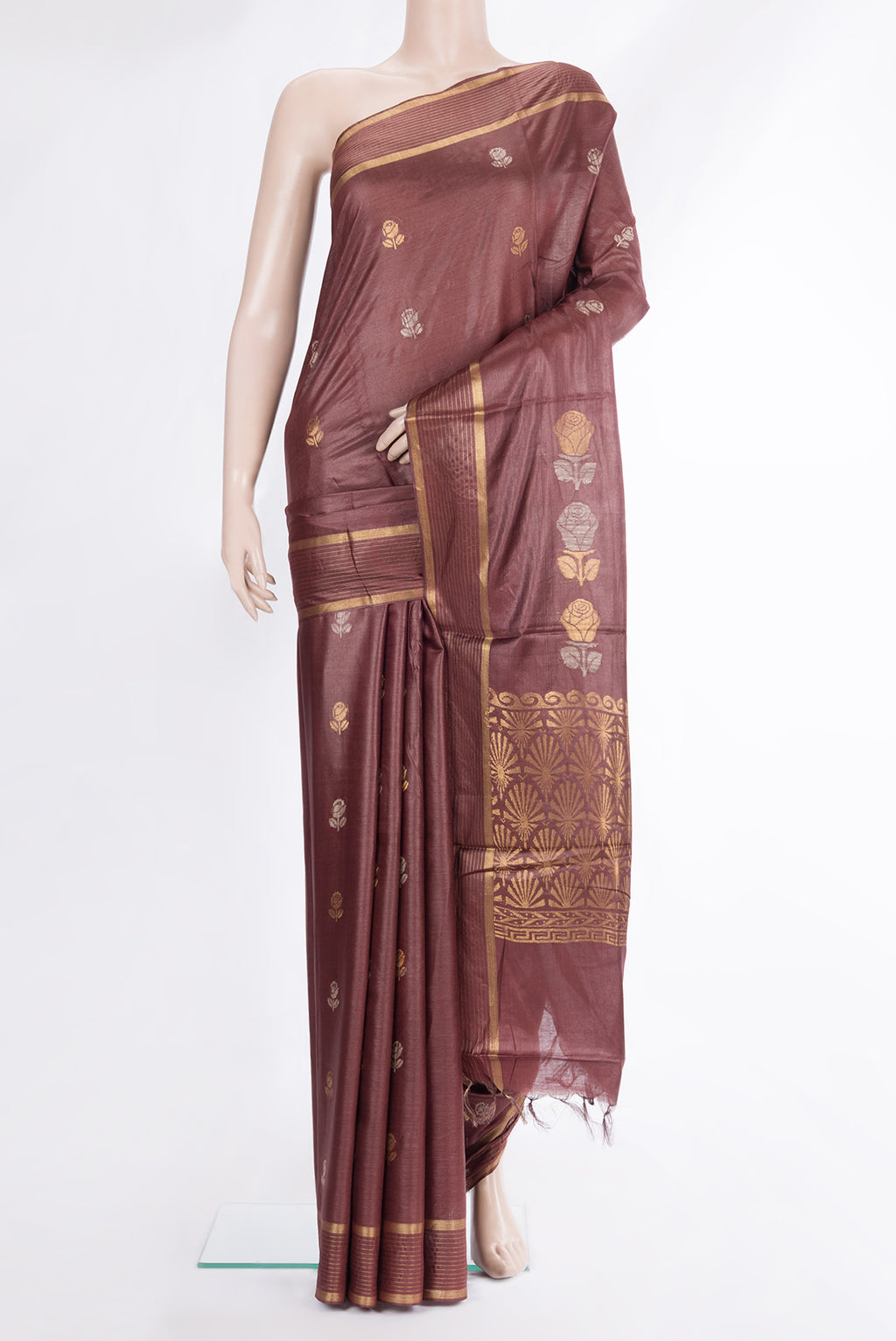 Pure Silk Brown Dual Tone Tussar Saree with Zari Butta on the body and Zari Border.  displayed on a mannequin