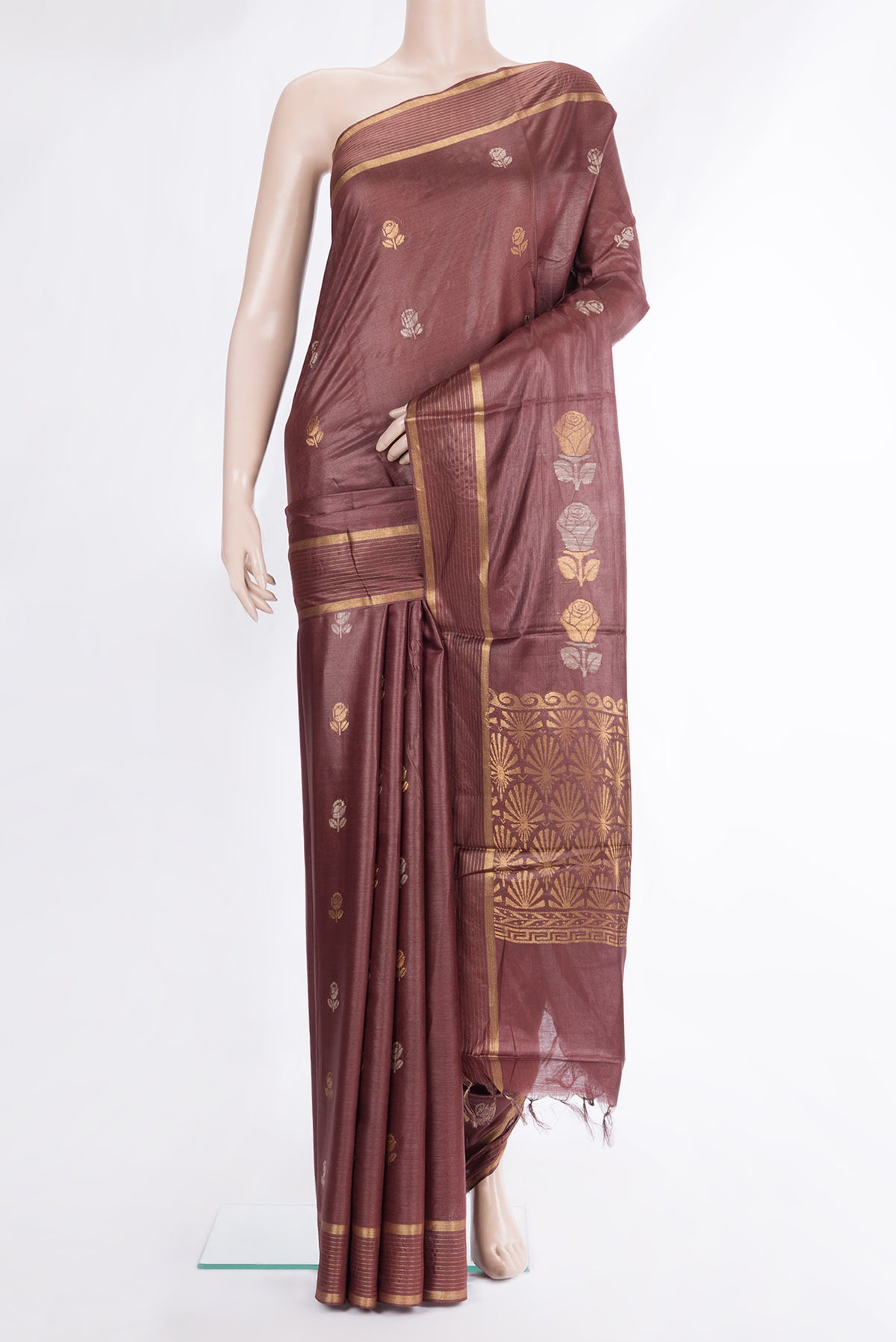 Pure Silk Brown Dual Tone Tussar Saree with Zari Butta on the body and Zari Border.  displayed on a mannequin