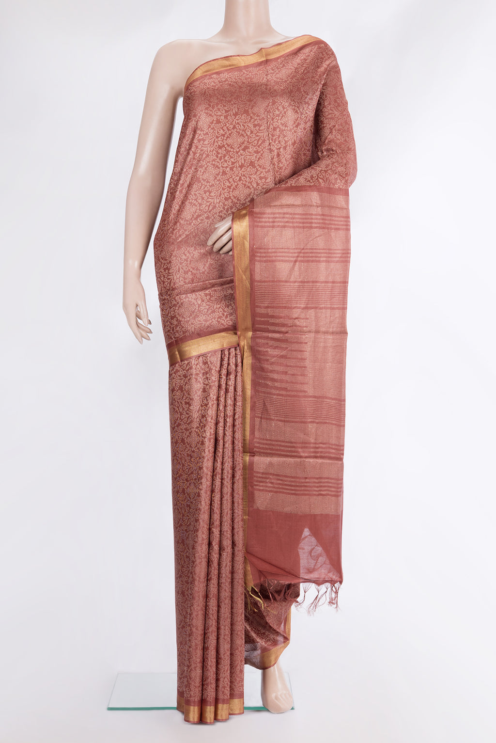 Pure Silk Rose Gold Dual Tone Tussar Saree with Zari Brocade on the body and Zari Border.  displayed on a mannequin