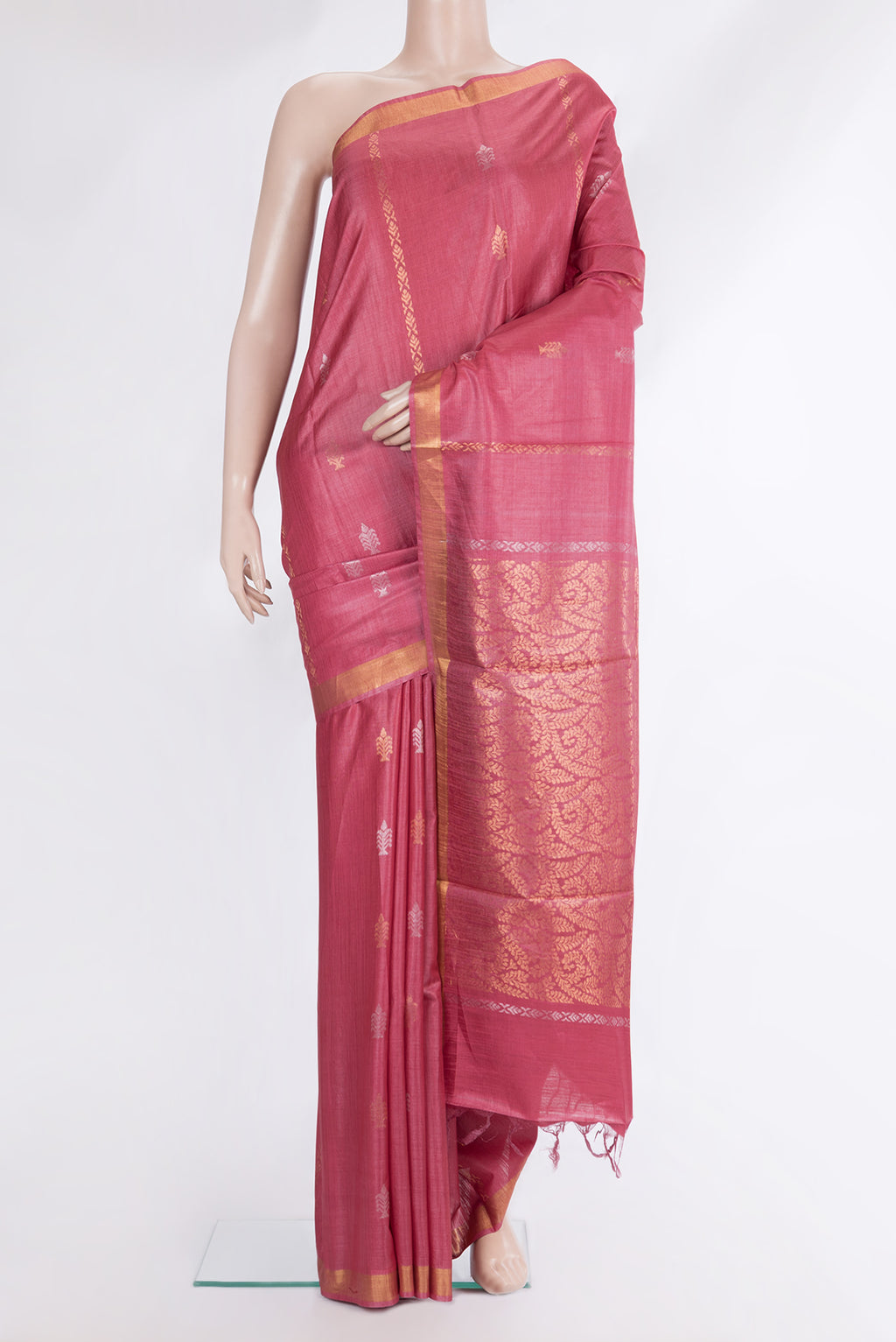 Pure Silk Pink Dual Tone Tussar Saree with Zari Butta on the body and Zari Border.  displayed on a mannequin