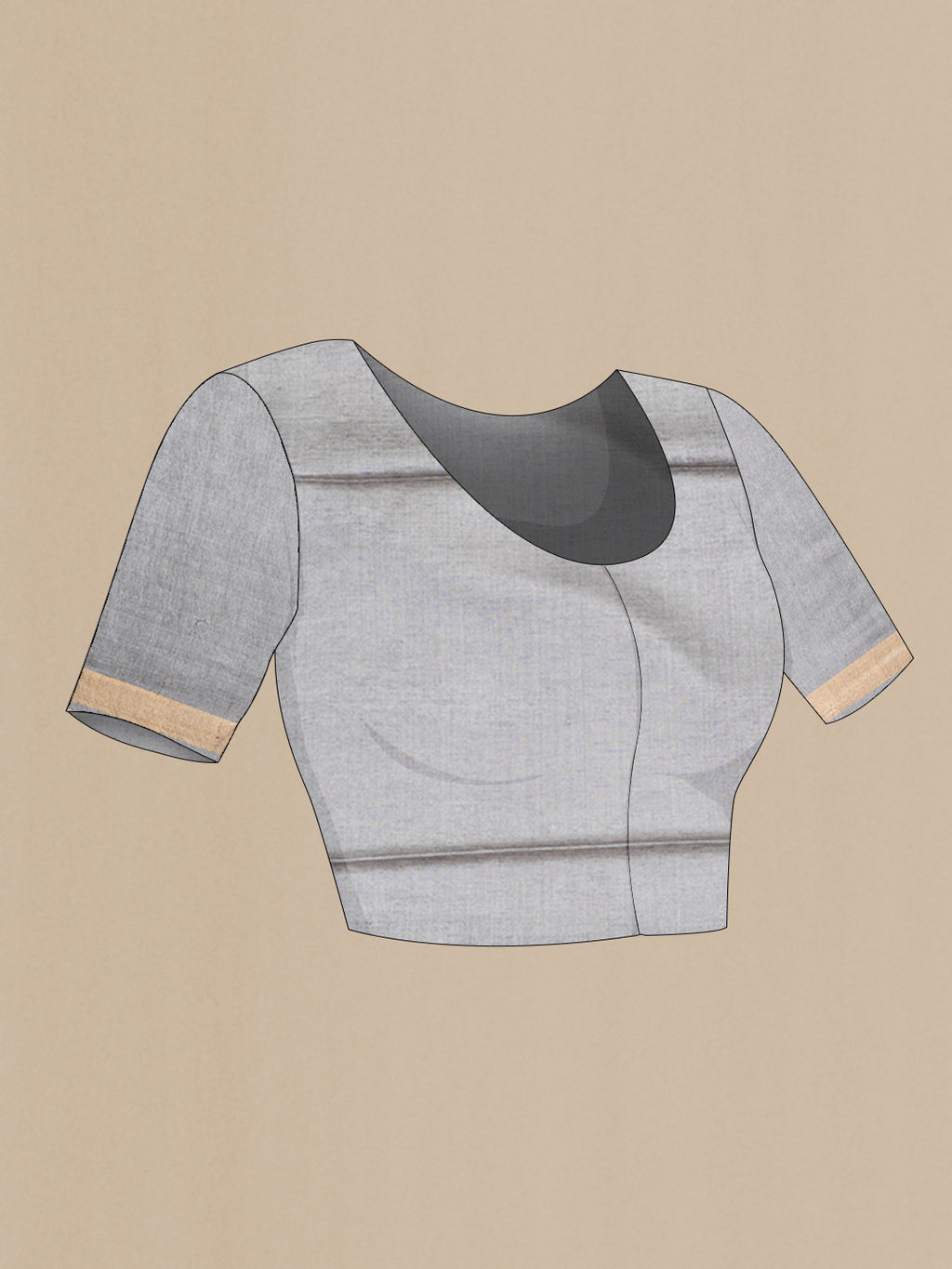 Close up image of the blouse of Grey Tussar Silk Saree with Zari Butta on the body and Zari Border. 