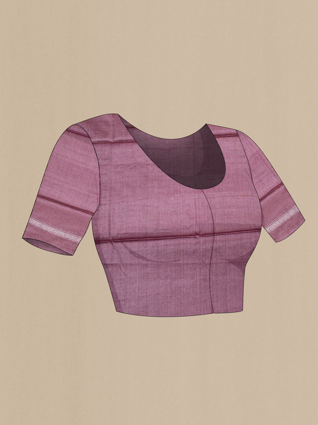 Close up image of the blouse of Pure Silk Purple Dual Tone Tussar Saree with Zari Butta on the body and Zari Border. 