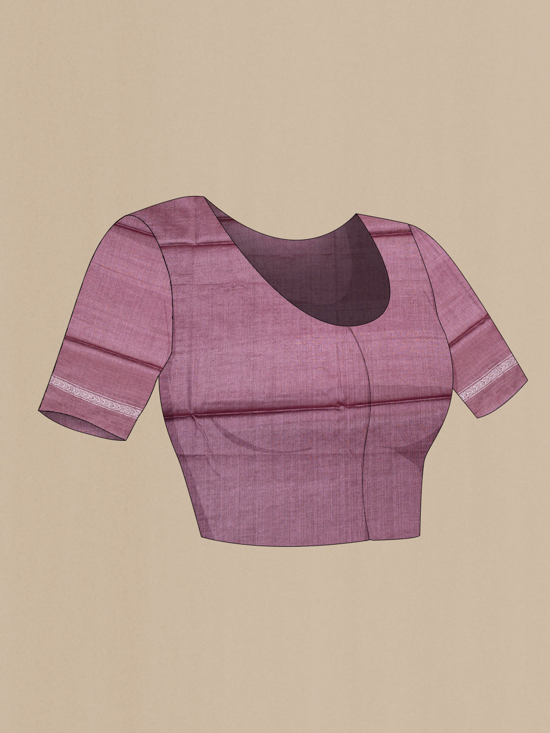 Close up image of the blouse of Pure Silk Purple Dual Tone Tussar Saree with Zari Butta on the body and Zari Border. 