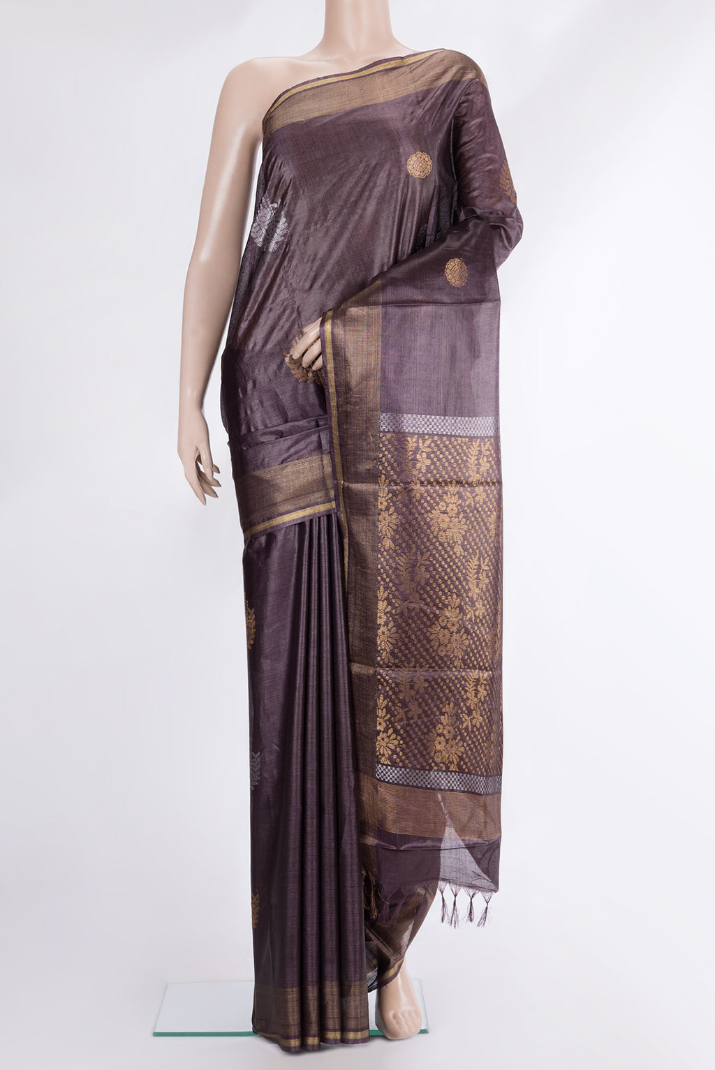 Pure Silk Purple Dual Tone Tussar Saree with Zari Butta on the body and Zari Border.  displayed on a mannequin