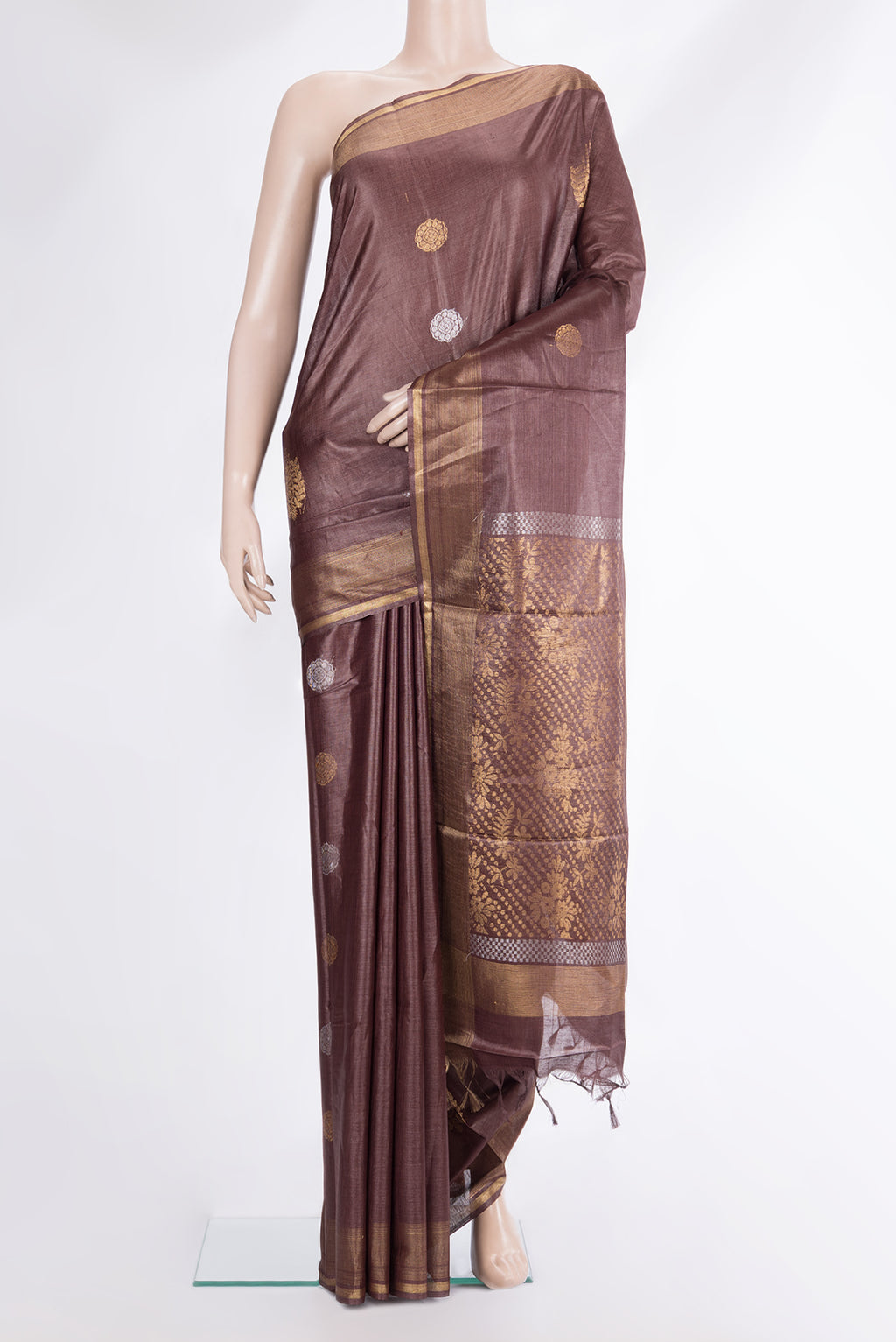 Pure Silk Coffee Brown Dual Tone Tussar Saree with Zari Butta on the body and Zari Border.  displayed on a mannequin