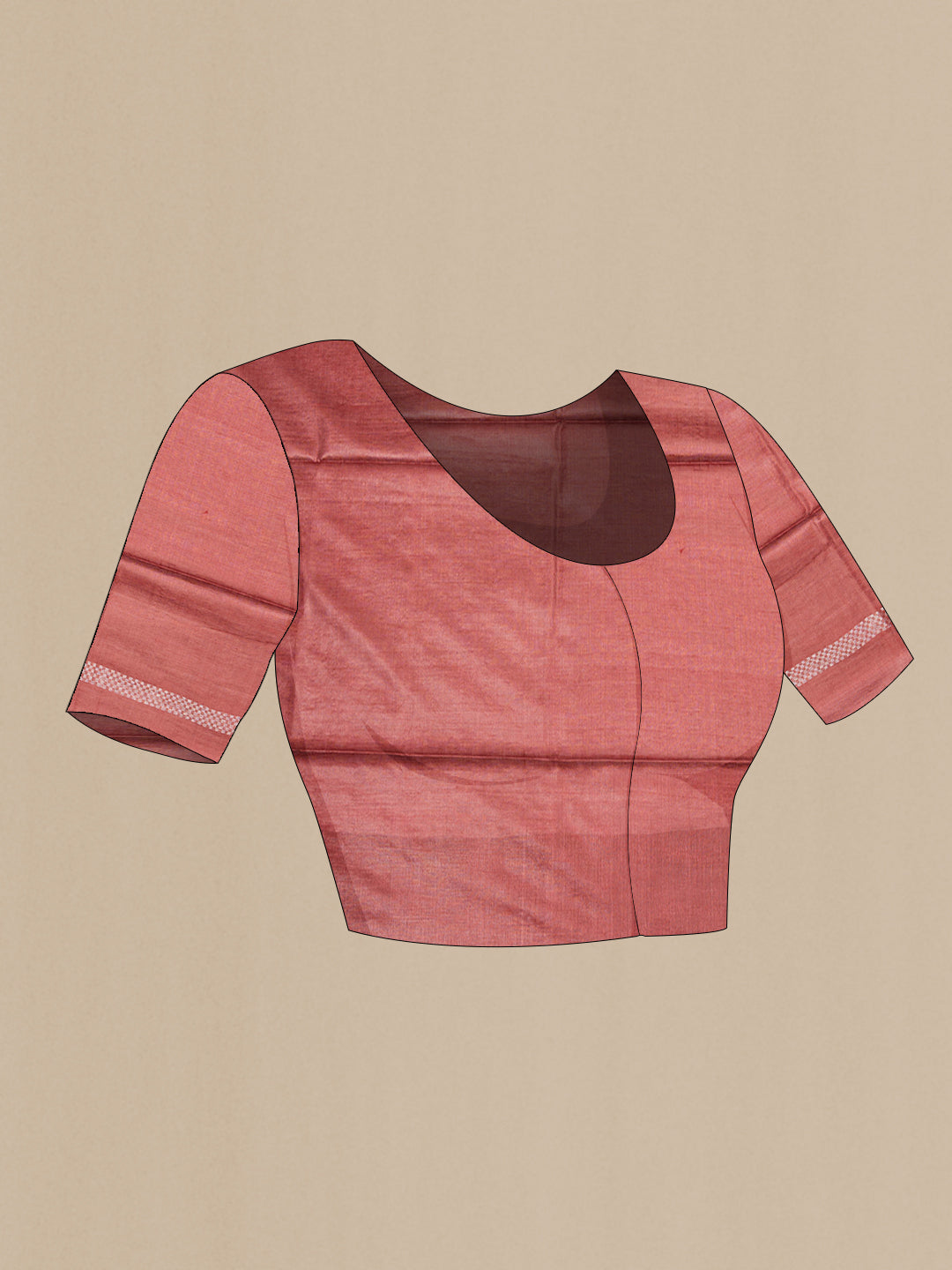 Close up image of the blouse of Pure Silk Rust Dual Tone Tussar Saree with Zari Butta on the body and Zari Border. 