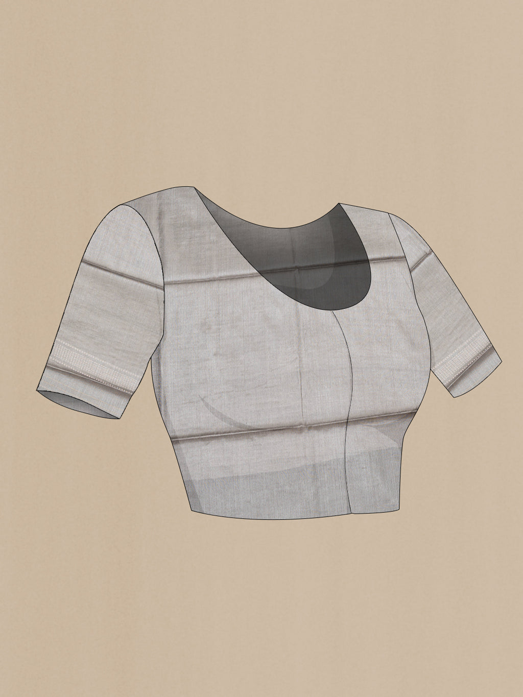 Close up image of the blouse of Pure Silk Grey Dual Tone Tussar Saree with Stripes on the body and Zari Border. 