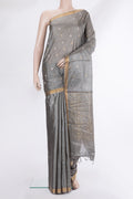 Pure Silk Grey Dual Tone Tussar Saree with Stripes on the body and Zari Border.  displayed on a mannequin