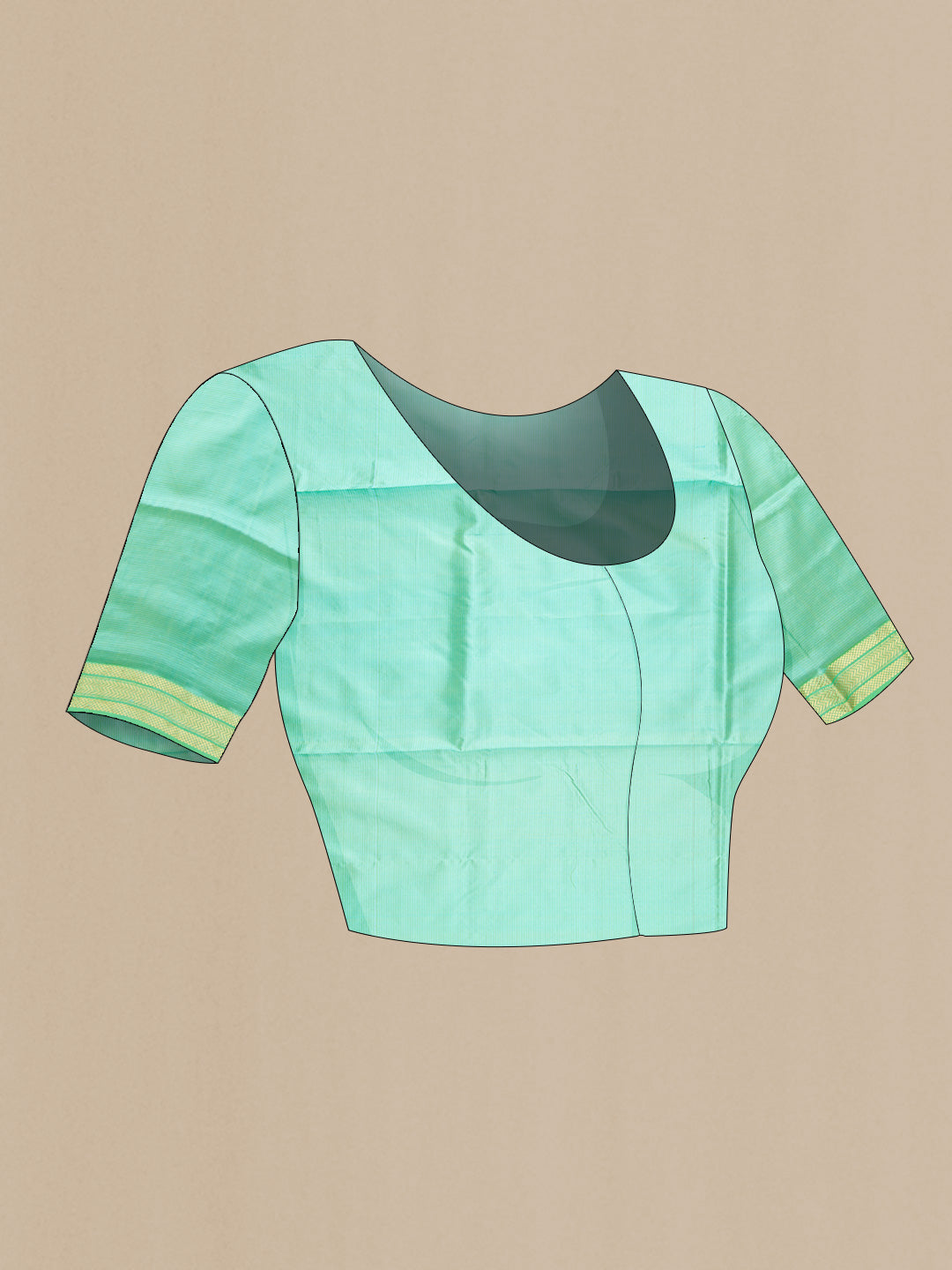 Close up image of the blouse of Sea Green Dual Tone Maheshwari Silk Saree with Stripes on the body and Zari Border. 