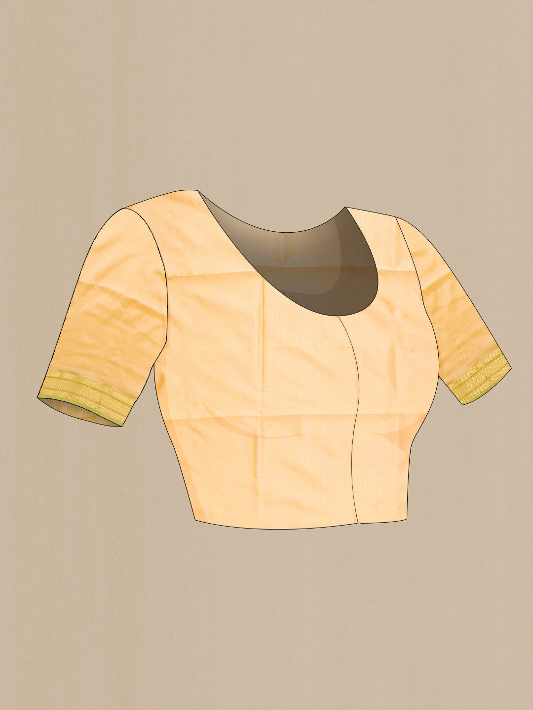 Close up image of the blouse of Sandal Dual Tone Maheshwari Silk Saree with Stripes on the body and Zari Border. 