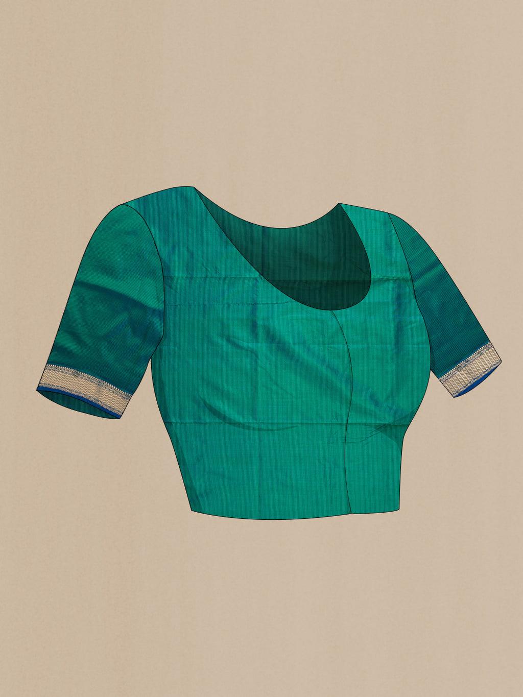 Close up image of the blouse of Peacock Blue Dual Tone Maheshwari Silk Saree with Stripes on the body and Zari Border. 