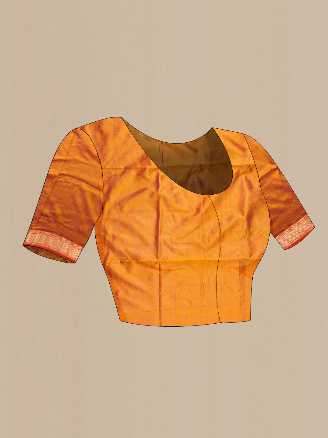 Close up image of the blouse of Mustard Dual Tone Maheshwari Silk Saree with Stripes on the body and Zari Border. 