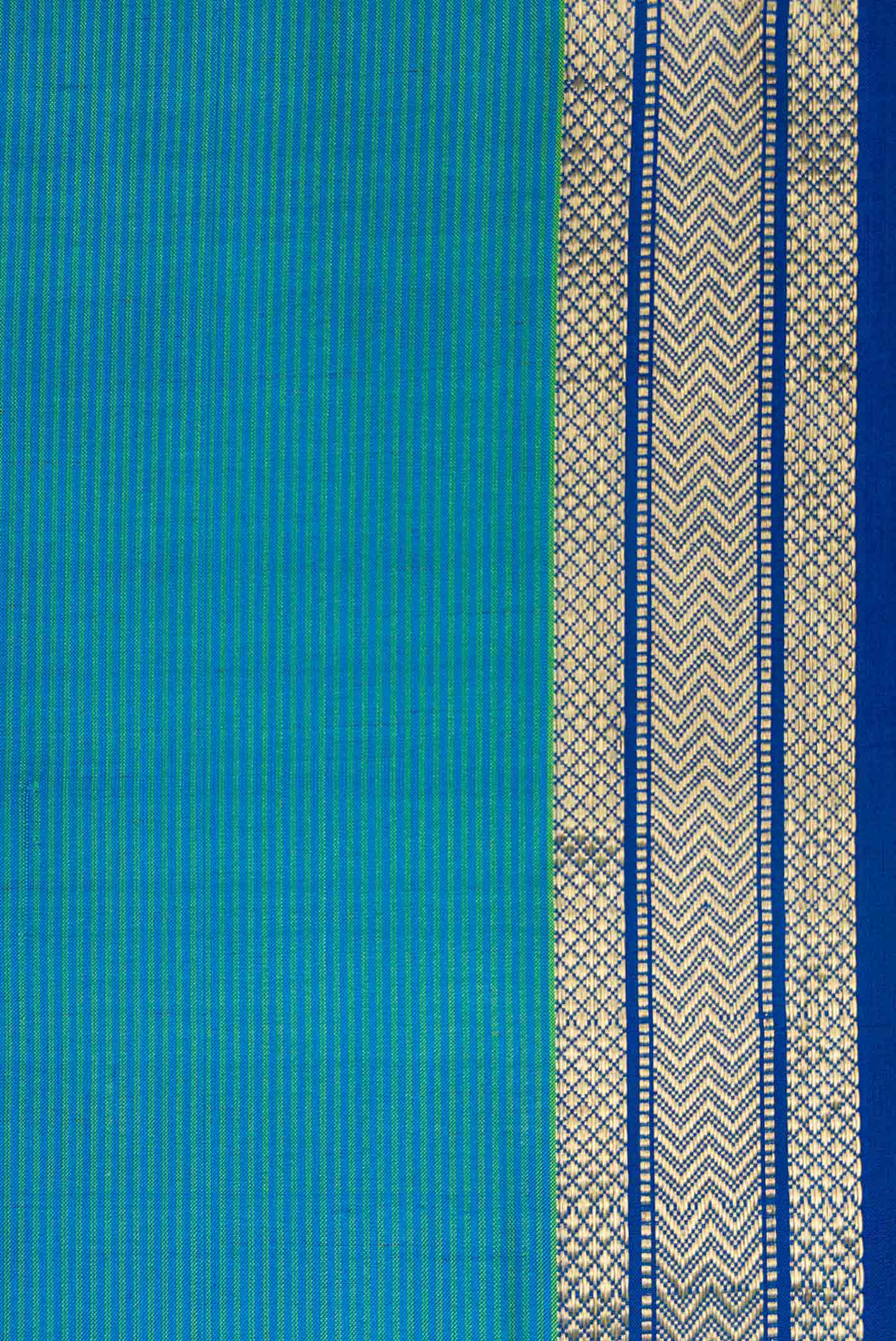Border image of Peacock Blue Dual Tone Maheshwari Silk Saree with Stripes on the body and Zari Border. 