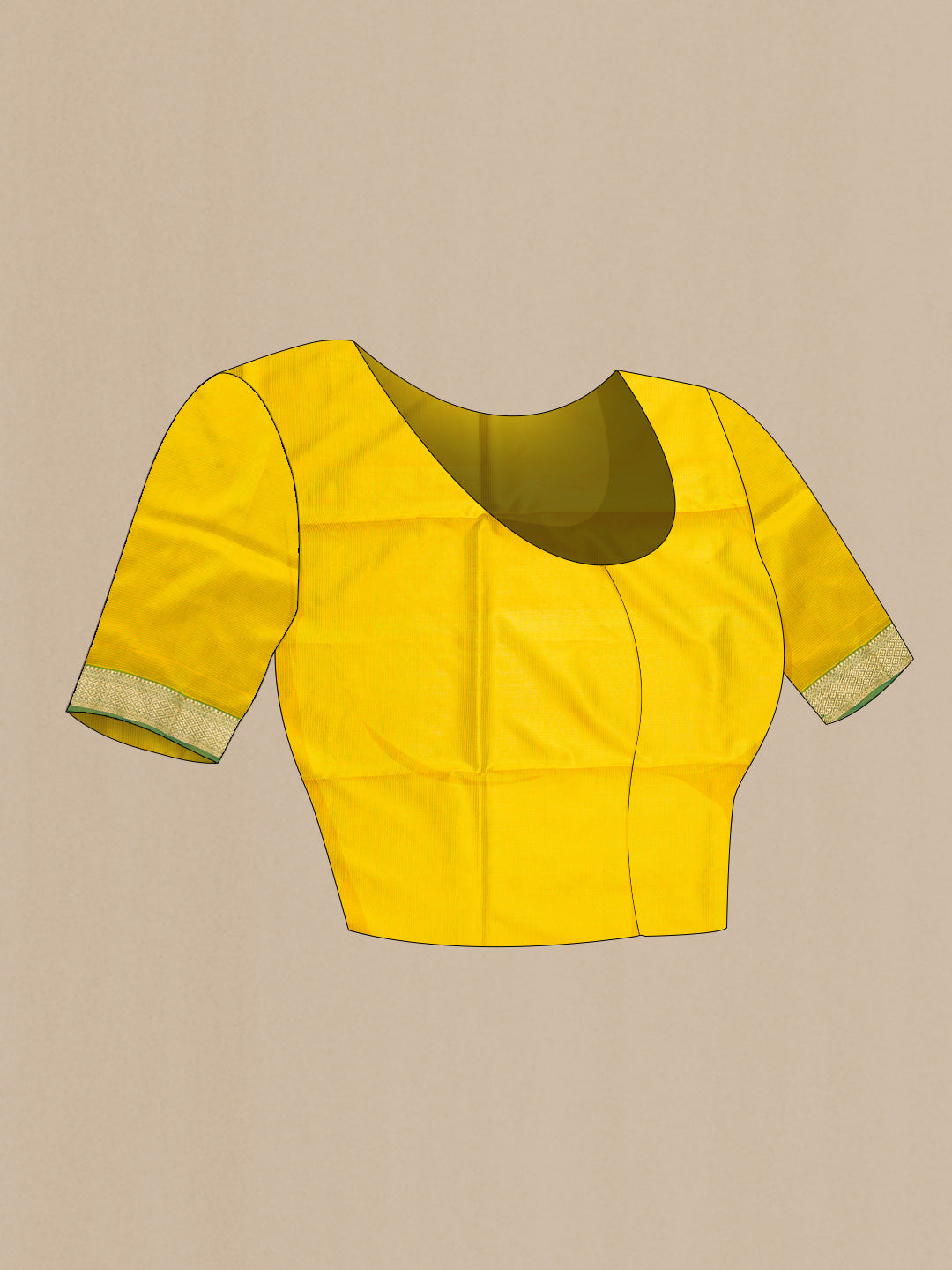 Close up image of the blouse of Lemon Yellow Dual Tone Maheshwari Silk Saree with Stripes on the body and Zari Border. 
