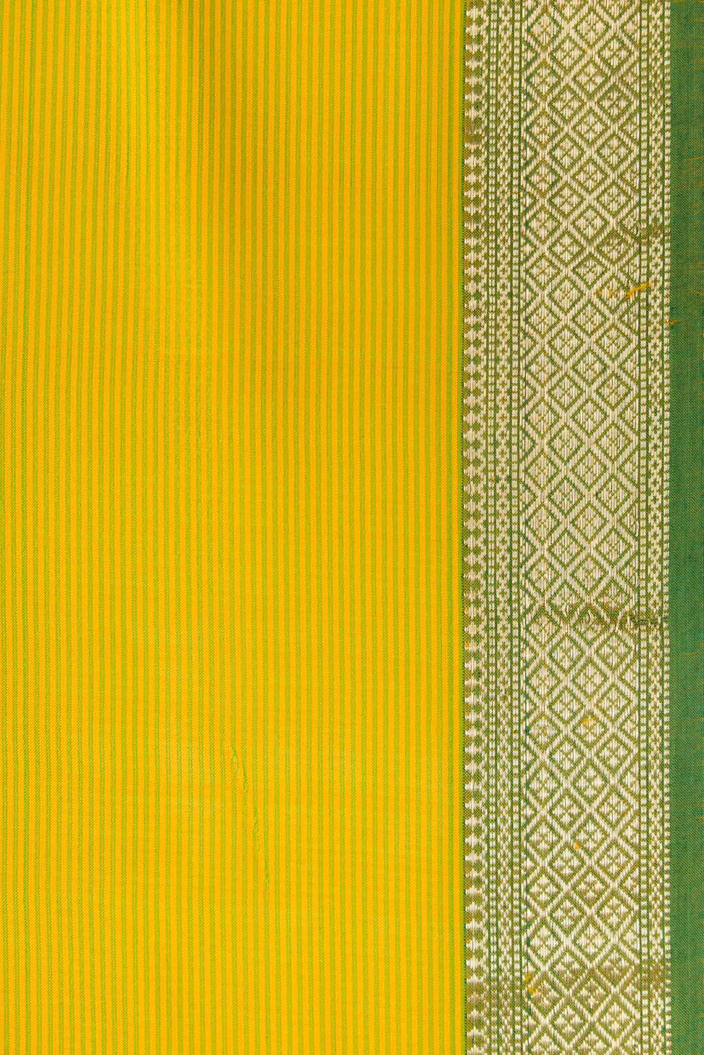 Border image of Lemon Yellow Dual Tone Maheshwari Silk Saree with Stripes on the body and Zari Border. 
