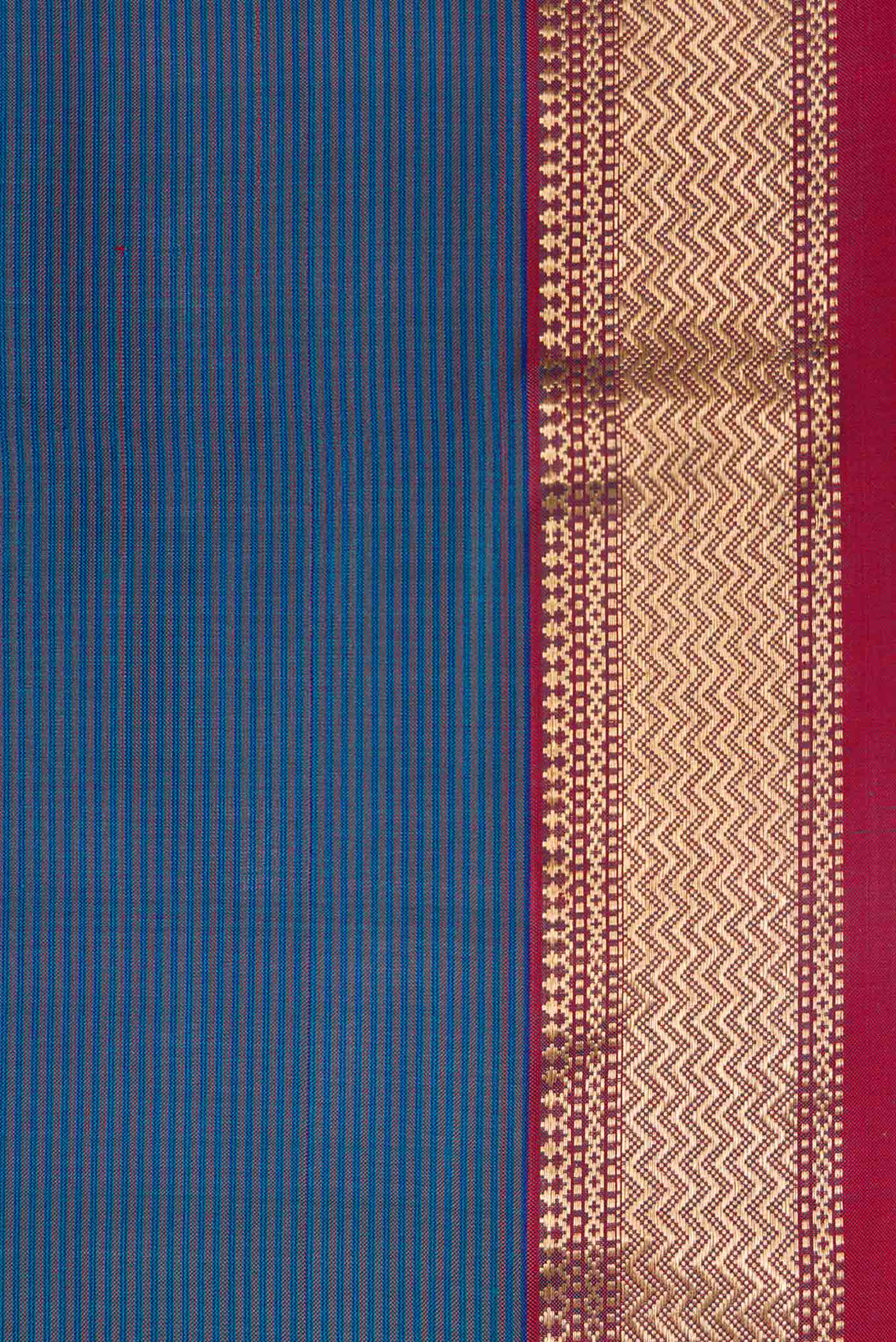 Border image of Peacock Blue Dual Tone Maheshwari Silk Saree with Stripes on the body and Zari Border. 