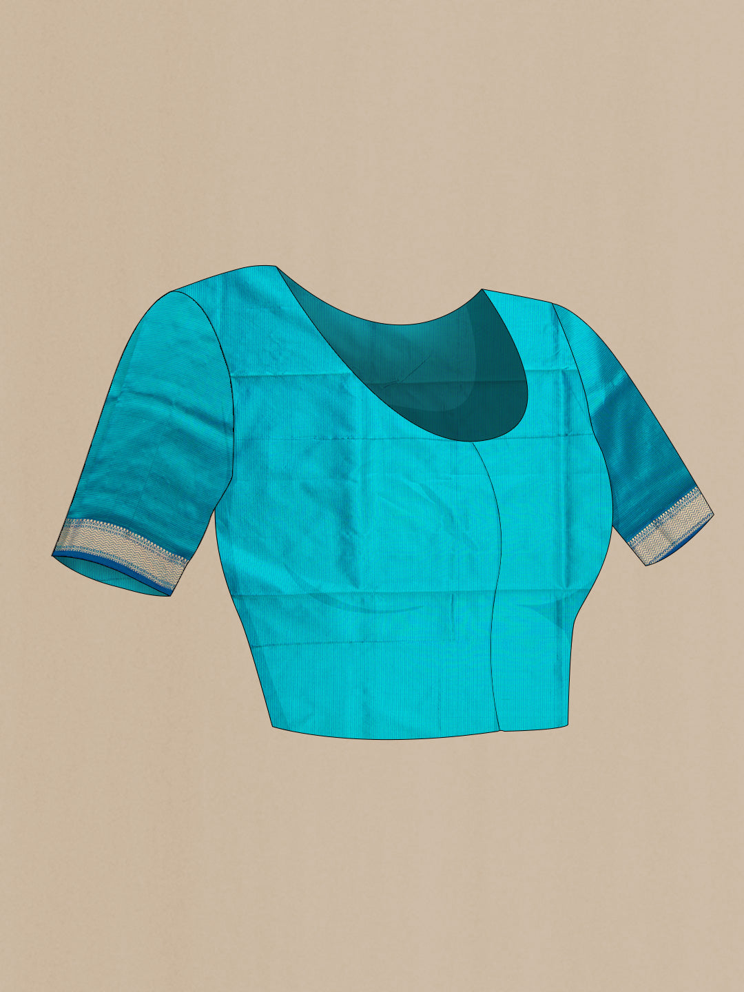 Close up image of the blouse of Peacock Blue Dual Tone Maheshwari Silk Saree with Stripes on the body and Zari Border. 