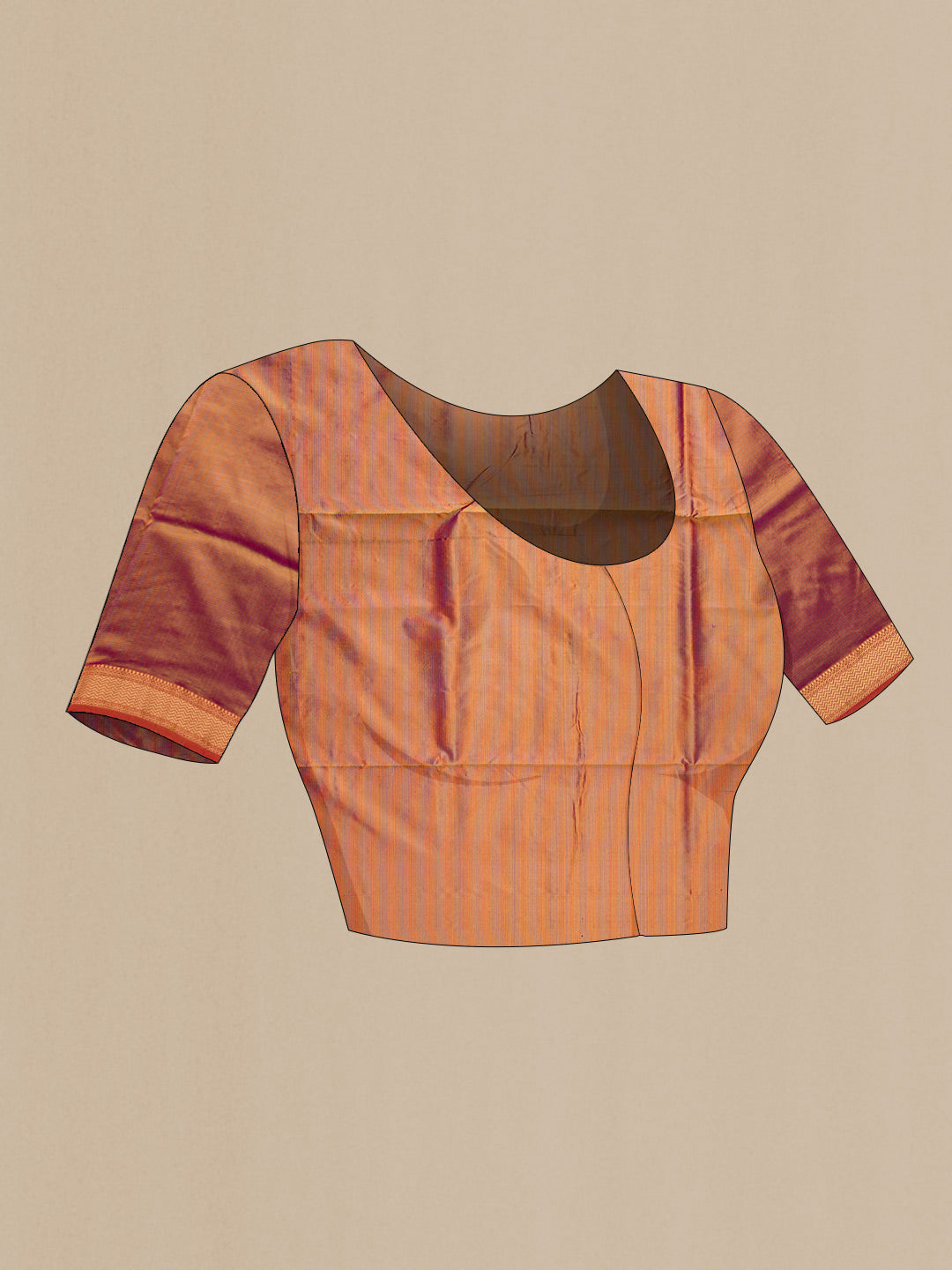 Close up image of the blouse of Brown Dual Tone Maheshwari Silk Saree with Stripes on the body and Zari Border. 