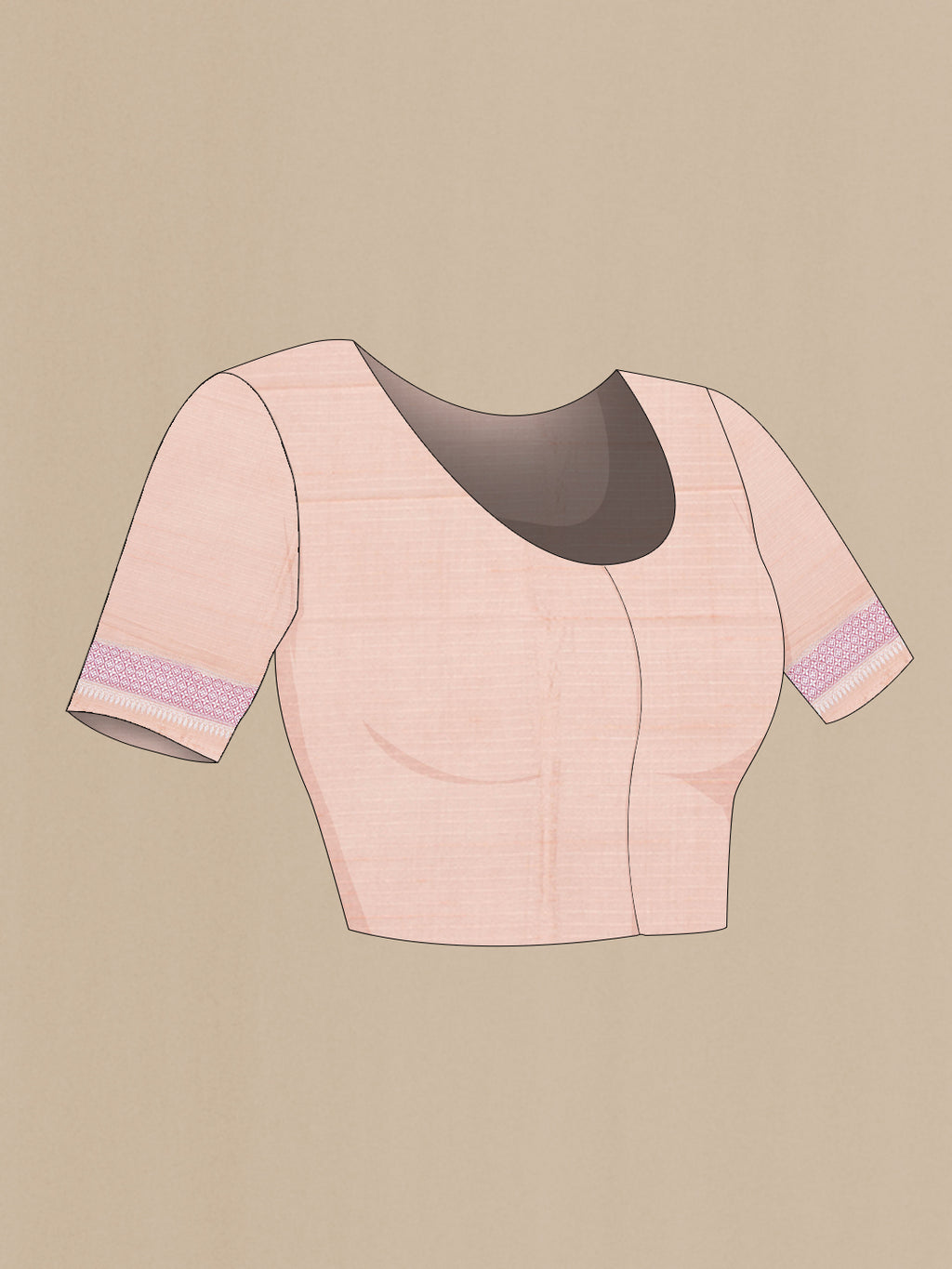 Close up image of the blouse of Peach Tussar Silk Saree with Zari Butta on the body and Fancy Border. 
