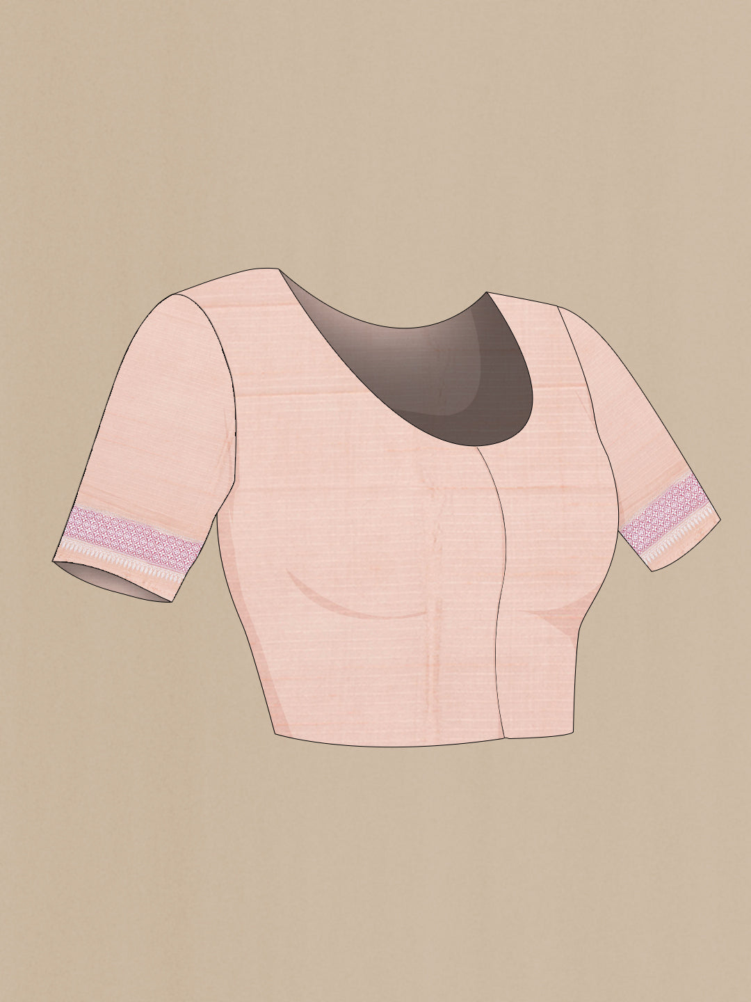 Close up image of the blouse of Peach Tussar Silk Saree with Zari Butta on the body and Fancy Border. 