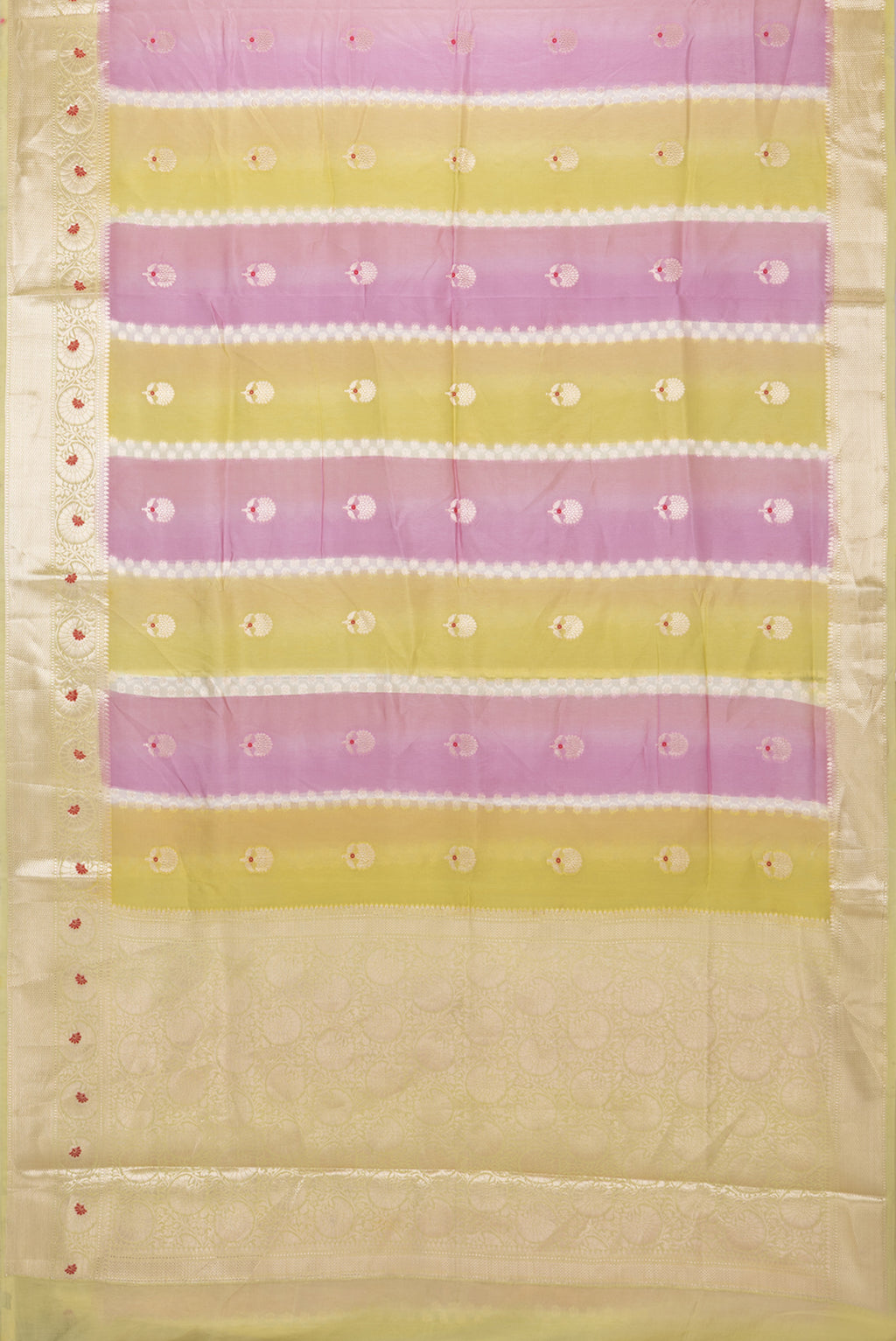 Flat view of Multi Color Blended Tussar Silk Saree with Zari Butta on the body and Fancy Border. 