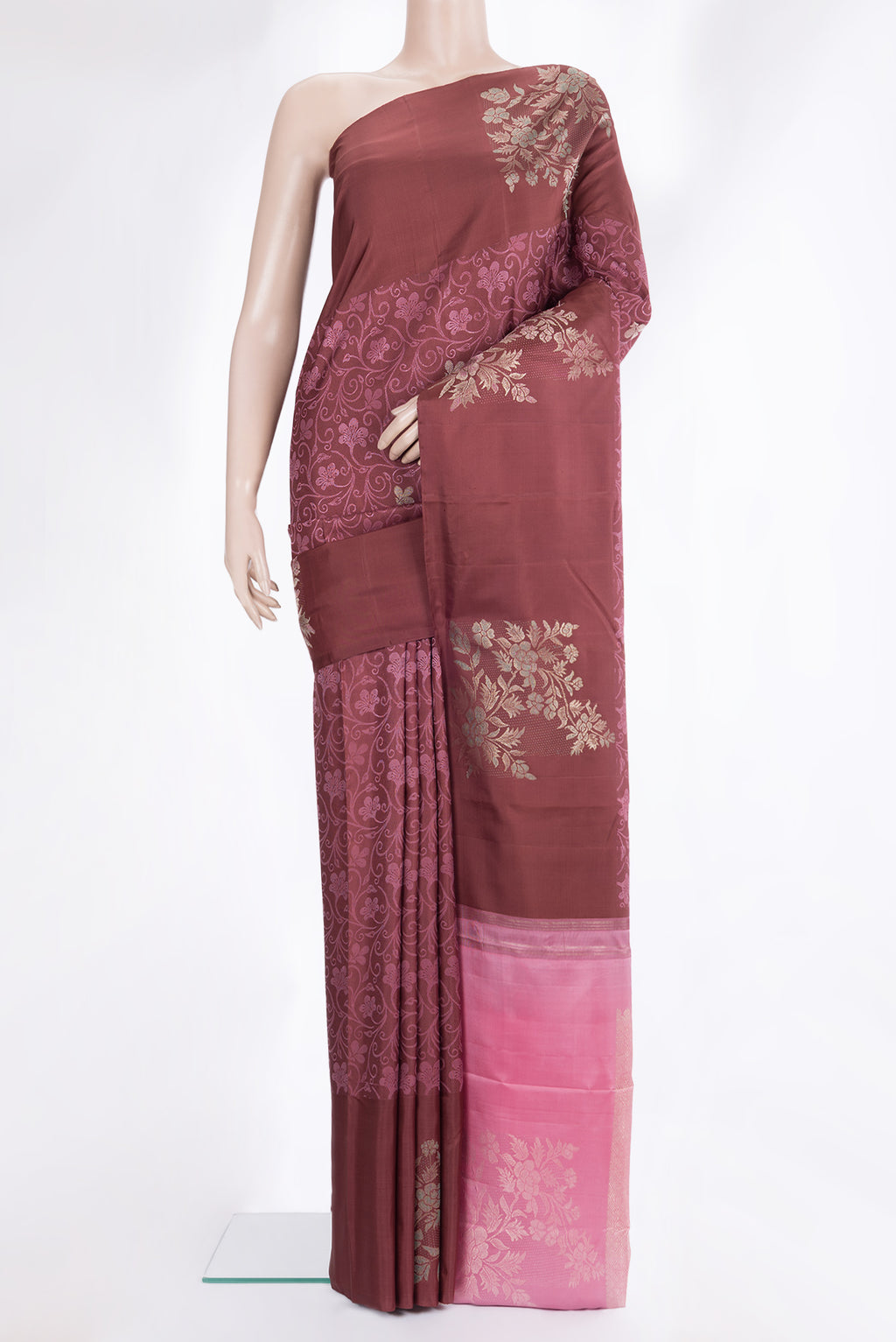 Pure Silk Brown Dual Tone Kanchipuram Saree with Jacquard With Zari Butta on the body and Fancy Border.  displayed on a mannequin