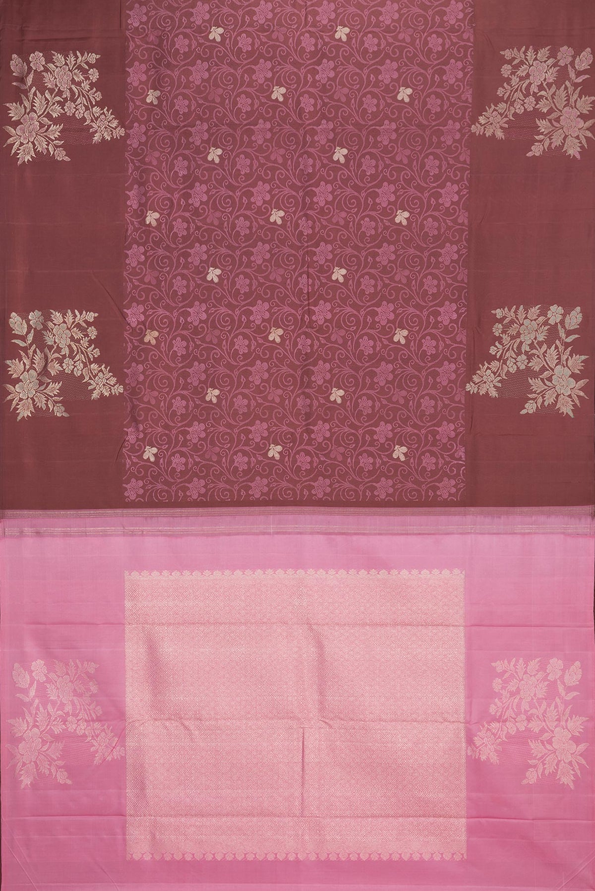 Flat view of Pure Silk Brown Dual Tone Kanchipuram Saree with Jacquard With Zari Butta on the body and Fancy Border. 