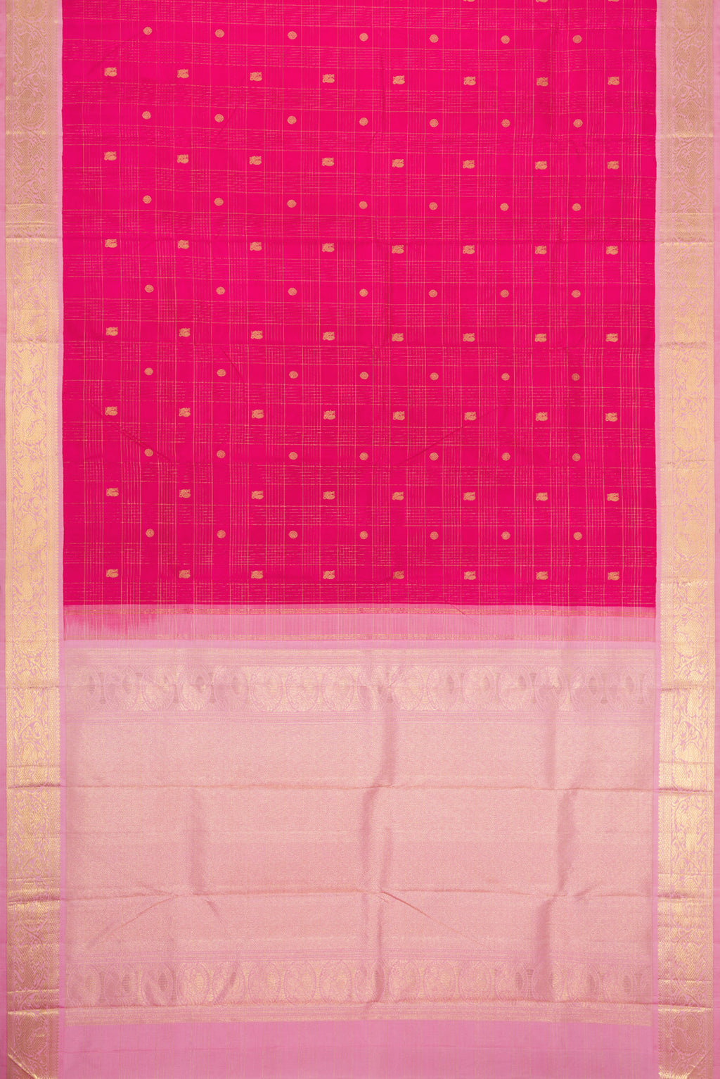 Flat view of Dark Pink Dual Tone Kanchipuram Silk Saree with Zari Butta on the body and Zari Border. 