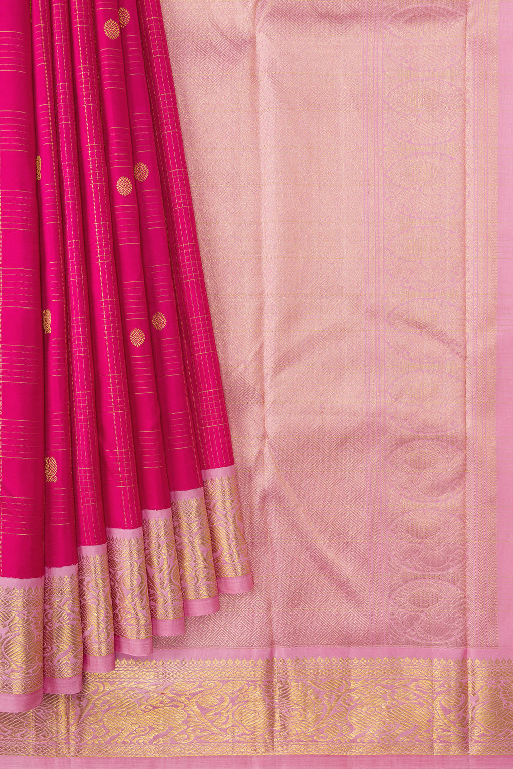 Pleats and pallu of Dark Pink Dual Tone Kanchipuram Silk Saree with Zari Butta on the body and Zari Border. 