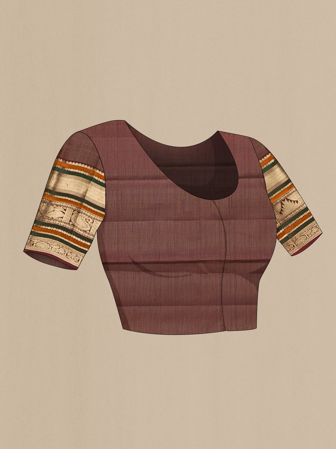 Close up image of the blouse of Pure Silk Pure Zari Maroon Dual Tone Kanchipuram Saree with Checked design on the body and Zari Border. 