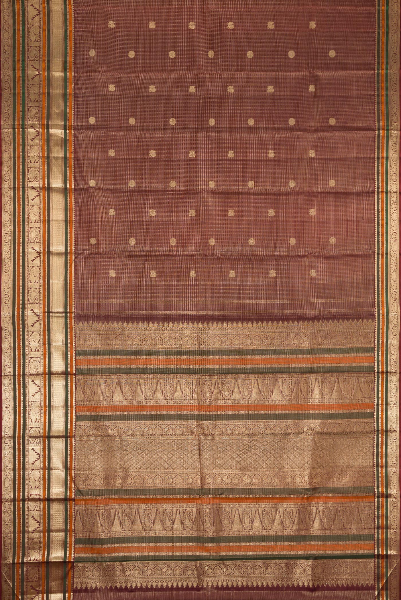 Flat view of Pure Silk Pure Zari Maroon Dual Tone Kanchipuram Saree with Checked design on the body and Zari Border. 
