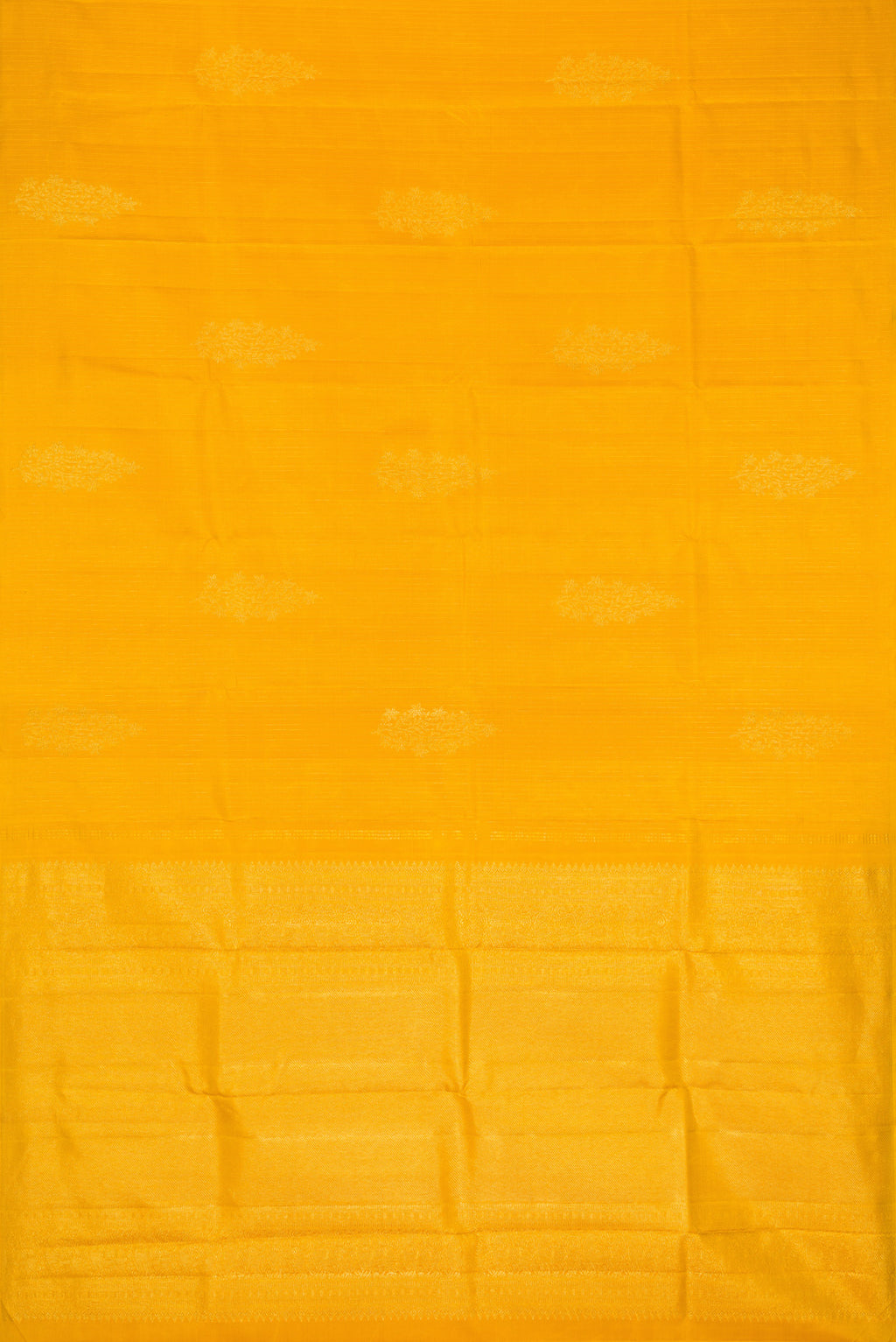 Flat view of Yellow Dual Tone Kanjivaram Silk Saree with Stripes on the body and Without Border. 