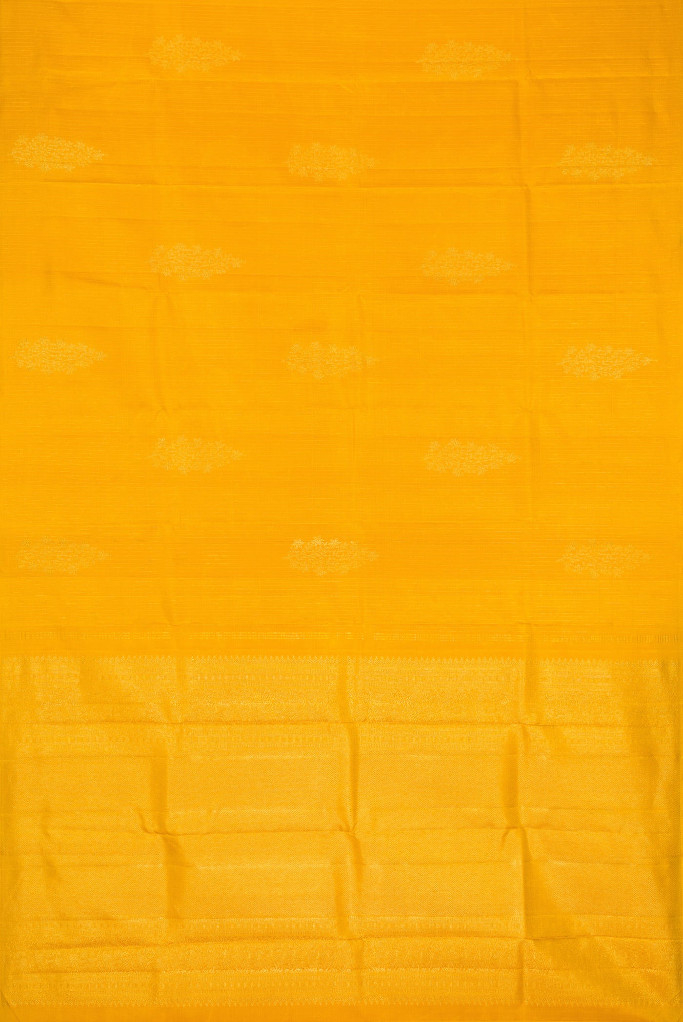 Flat view of Yellow Dual Tone Kanjivaram Silk Saree with Stripes on the body and Without Border. 