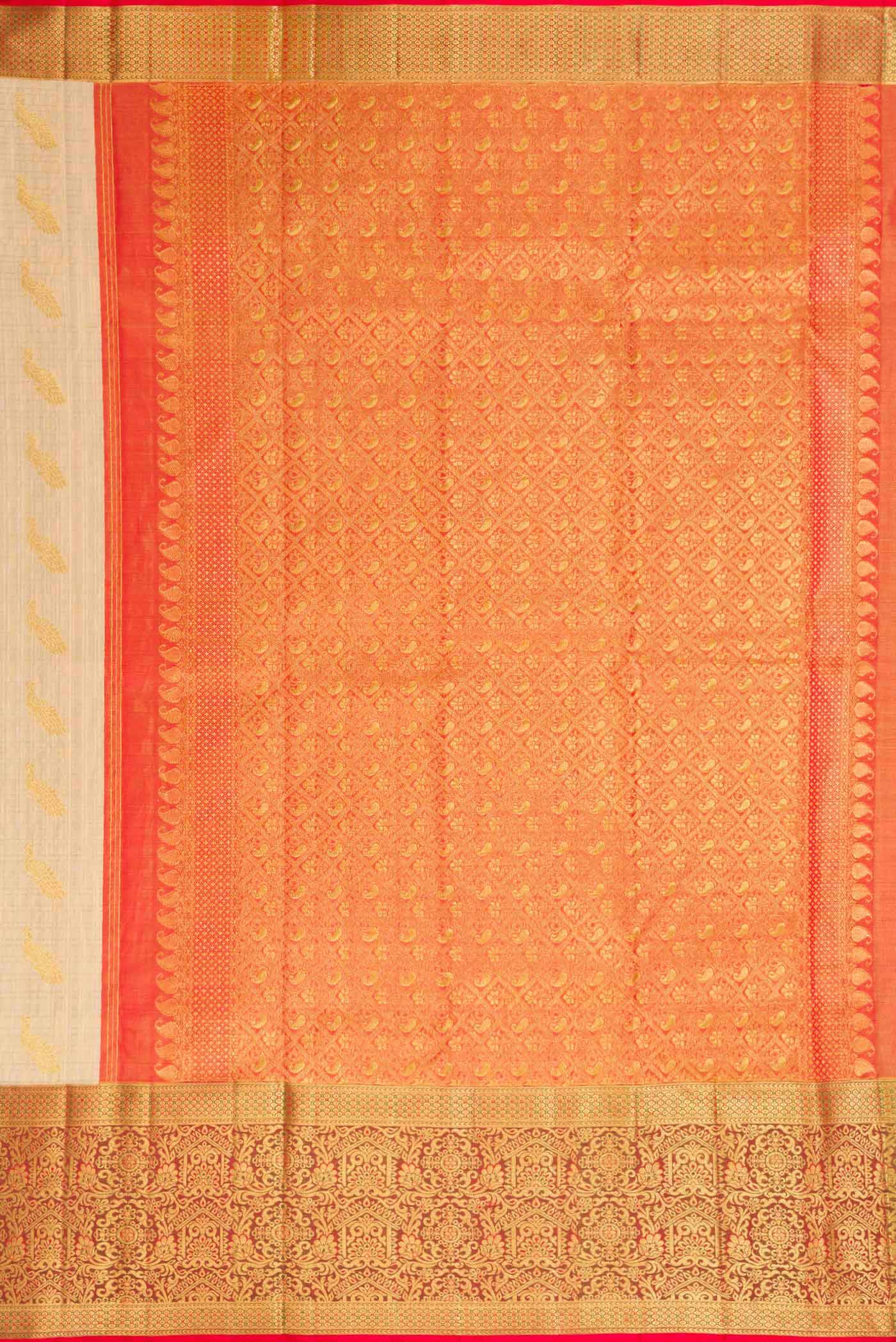 Close up image of the pallu of Sandal Dual Tone Kanjivaram Silk Saree with Zari Brocade on the body and Zari Border. 