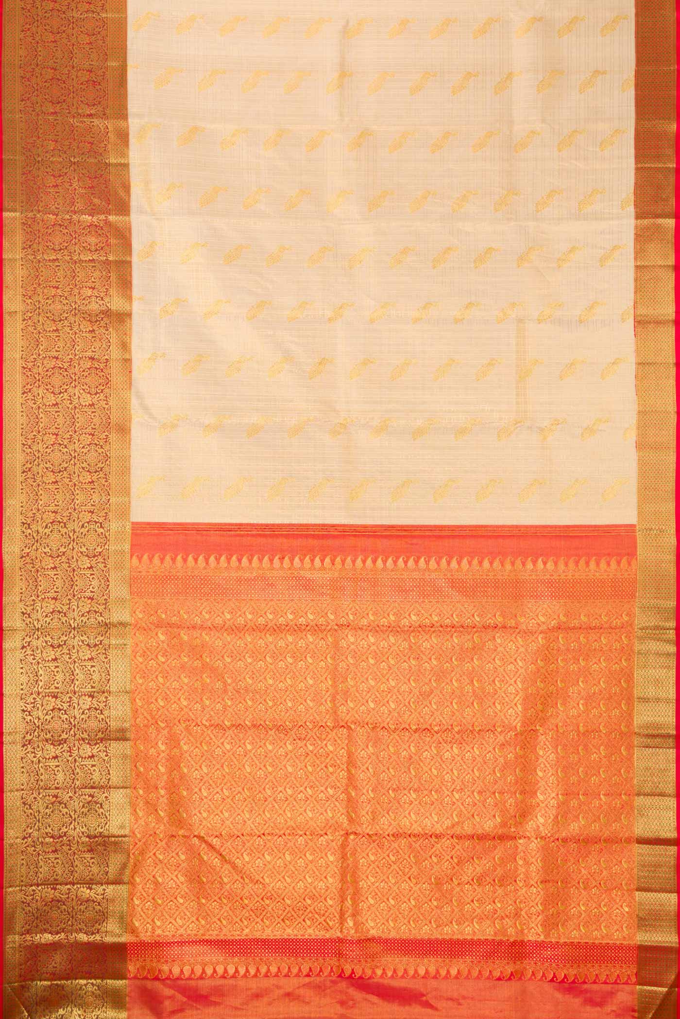Flat view of Sandal Dual Tone Kanjivaram Silk Saree with Zari Brocade on the body and Zari Border. 