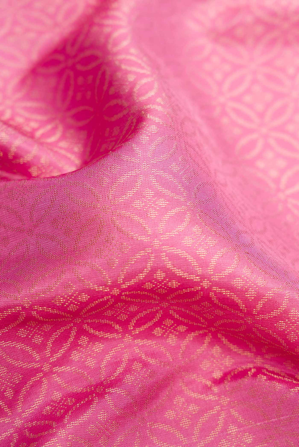 Close up of Pink Dual Tone Soft Silk Saree with Zari Brocade on the body and Zari Border.  displaying folds