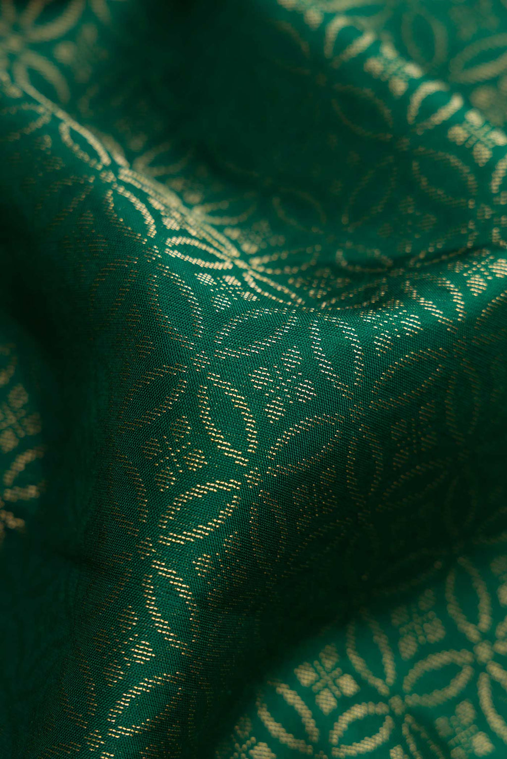 Close up of Bottle Green Dual Tone Soft Silk Saree with Zari Brocade on the body and Fancy Border.  displaying folds