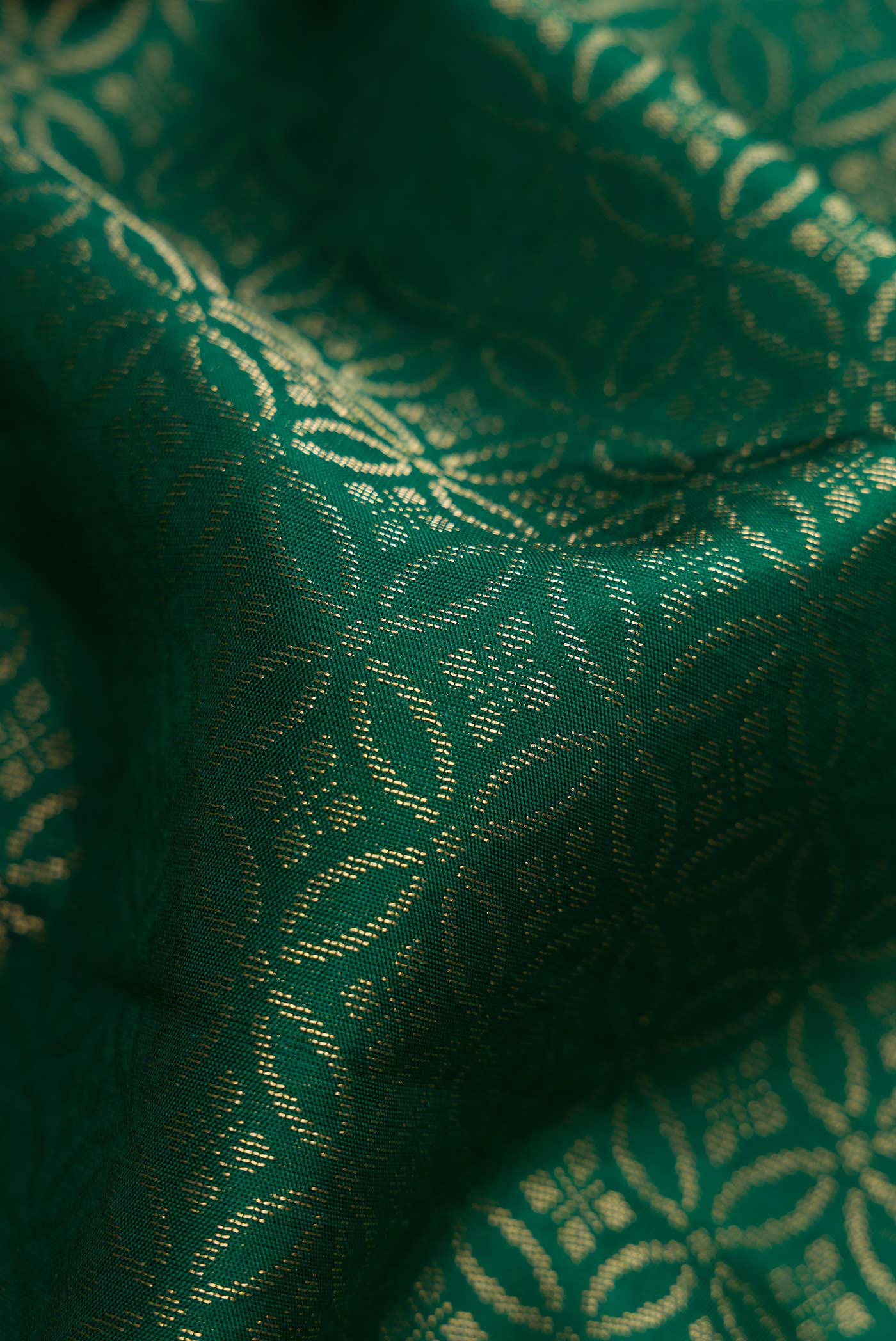 Close up of Bottle Green Dual Tone Soft Silk Saree with Zari Brocade on the body and Fancy Border.  displaying folds