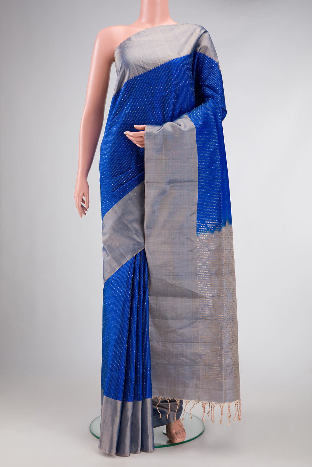 Royal Blue Dual Tone Soft Silk Saree with Zari Brocade on the body and Zari Border.  displayed on a mannequin