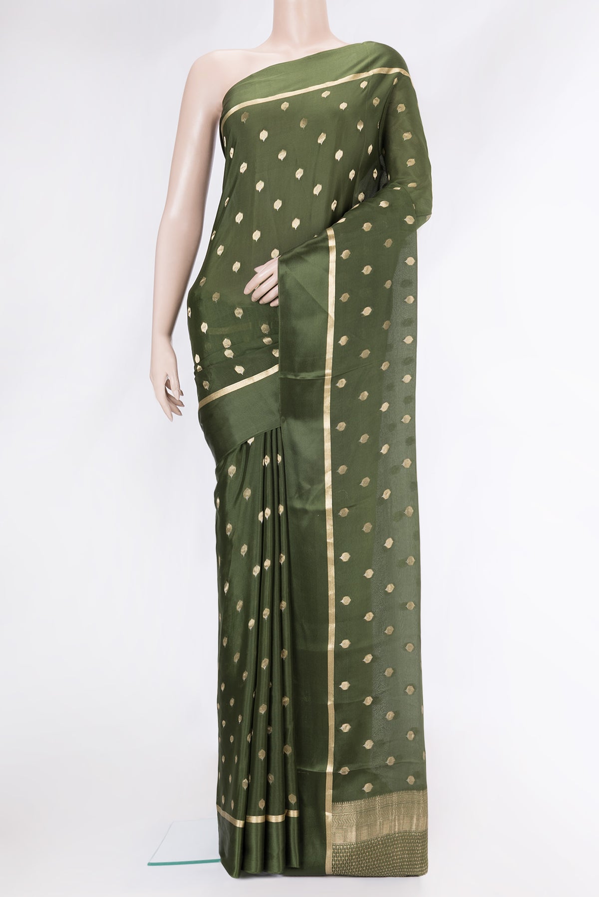 Mehandi Green Dual Tone Mysore Crepe Saree with Zari Butta on the body and Zari Border.  displayed on a mannequin