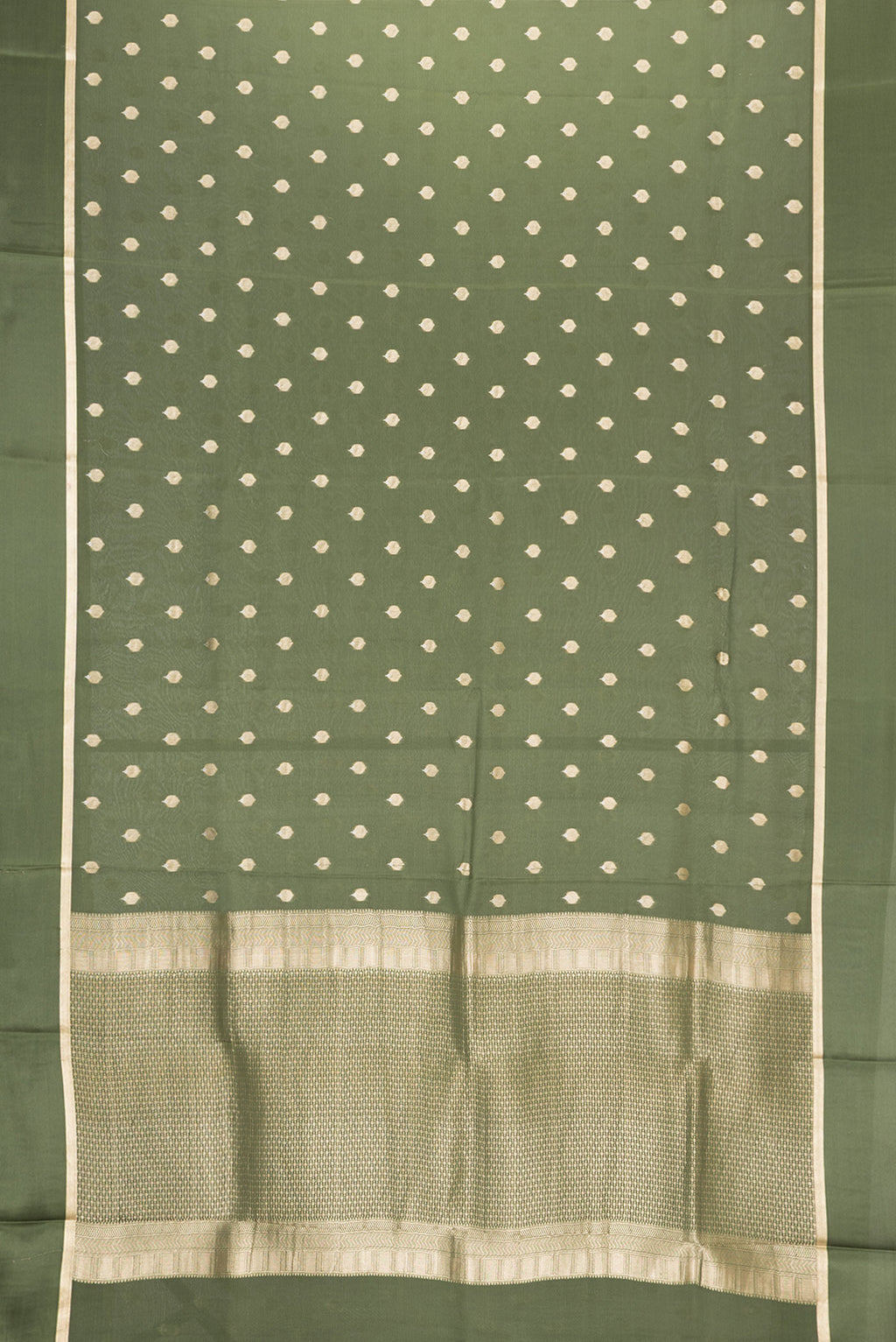 Flat view of Mehandi Green Dual Tone Mysore Crepe Saree with Zari Butta on the body and Zari Border. 