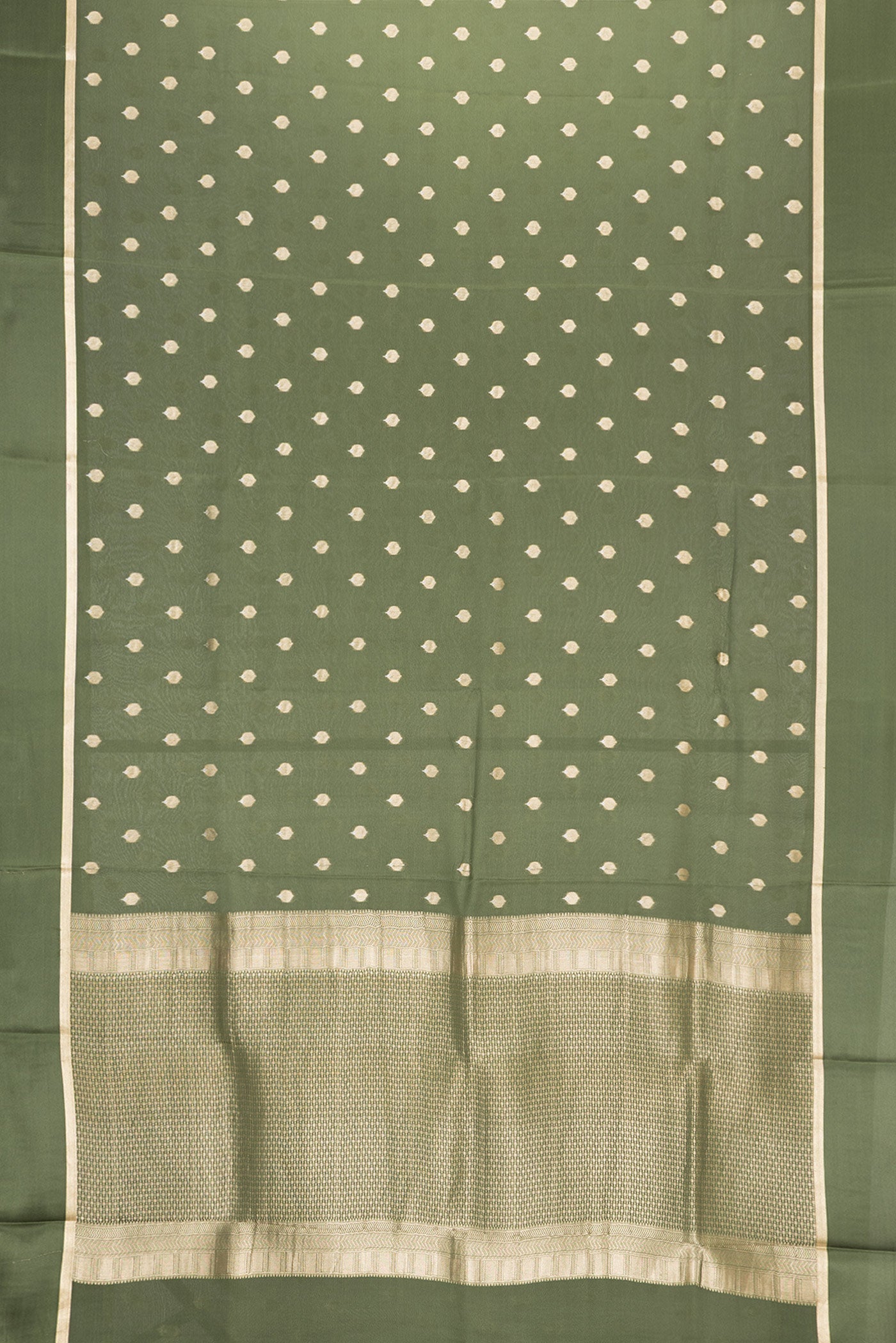Flat view of Mehandi Green Dual Tone Mysore Crepe Saree with Zari Butta on the body and Zari Border. 